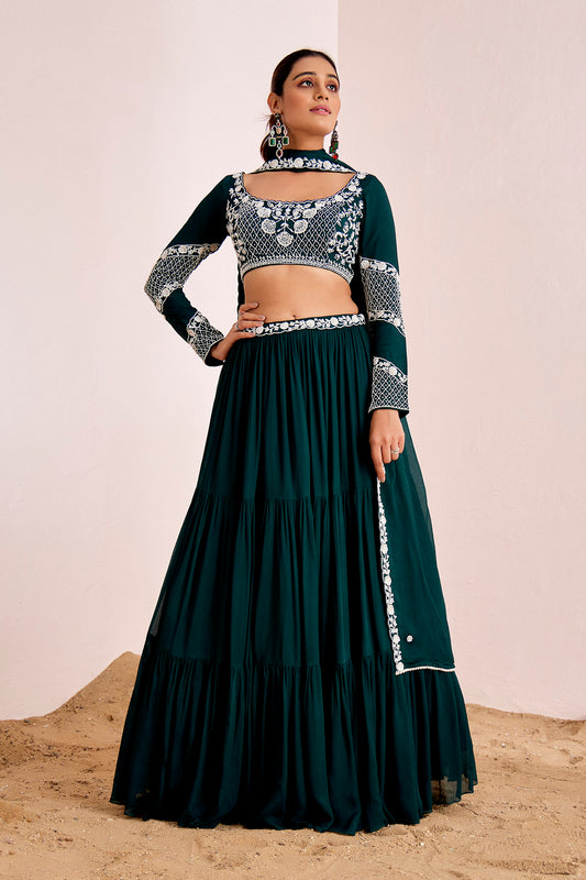 BOTTLE GREEN LAYERED LEHENGA SET