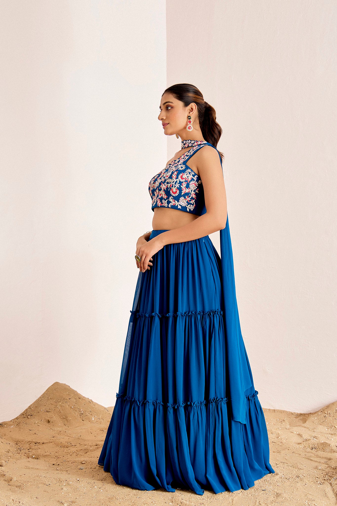 BLUE ONE SHOULDER THREE TIRED LEHENGA SET