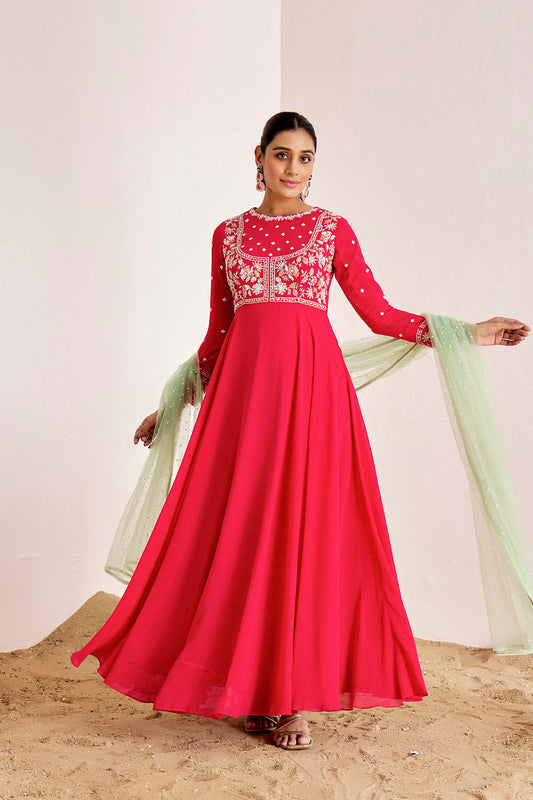 PINK HANDWORK ANARKALI WITH SEA GREEN DUPATTA