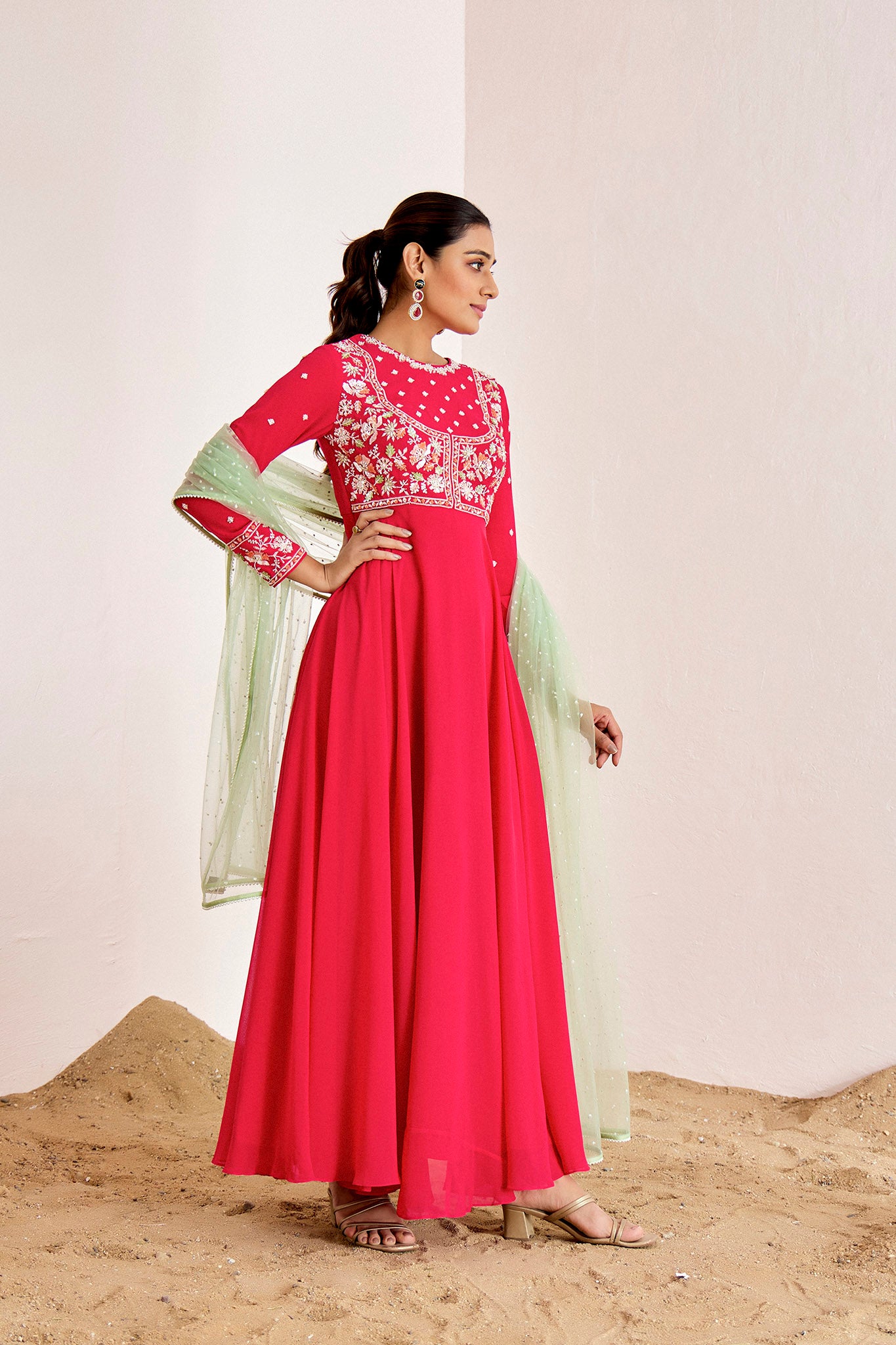 PINK HANDWORK ANARKALI WITH SEA GREEN DUPATTA