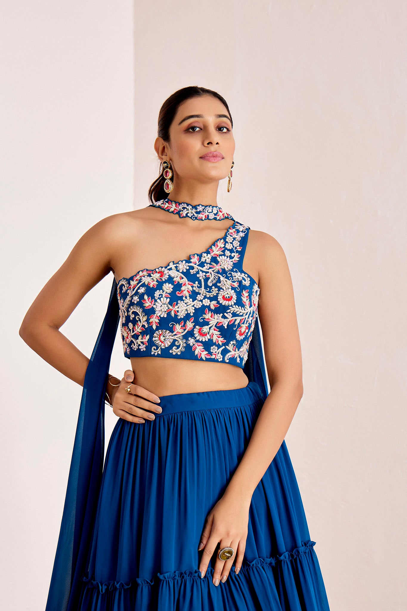 BLUE ONE SHOULDER THREE TIRED LEHENGA SET