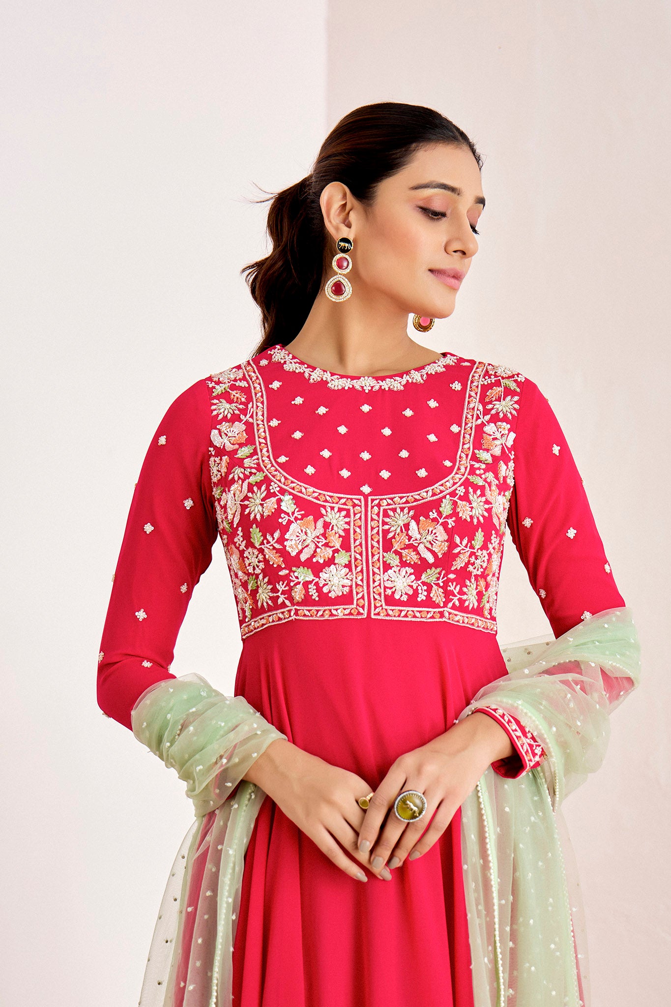 PINK HANDWORK ANARKALI WITH SEA GREEN DUPATTA