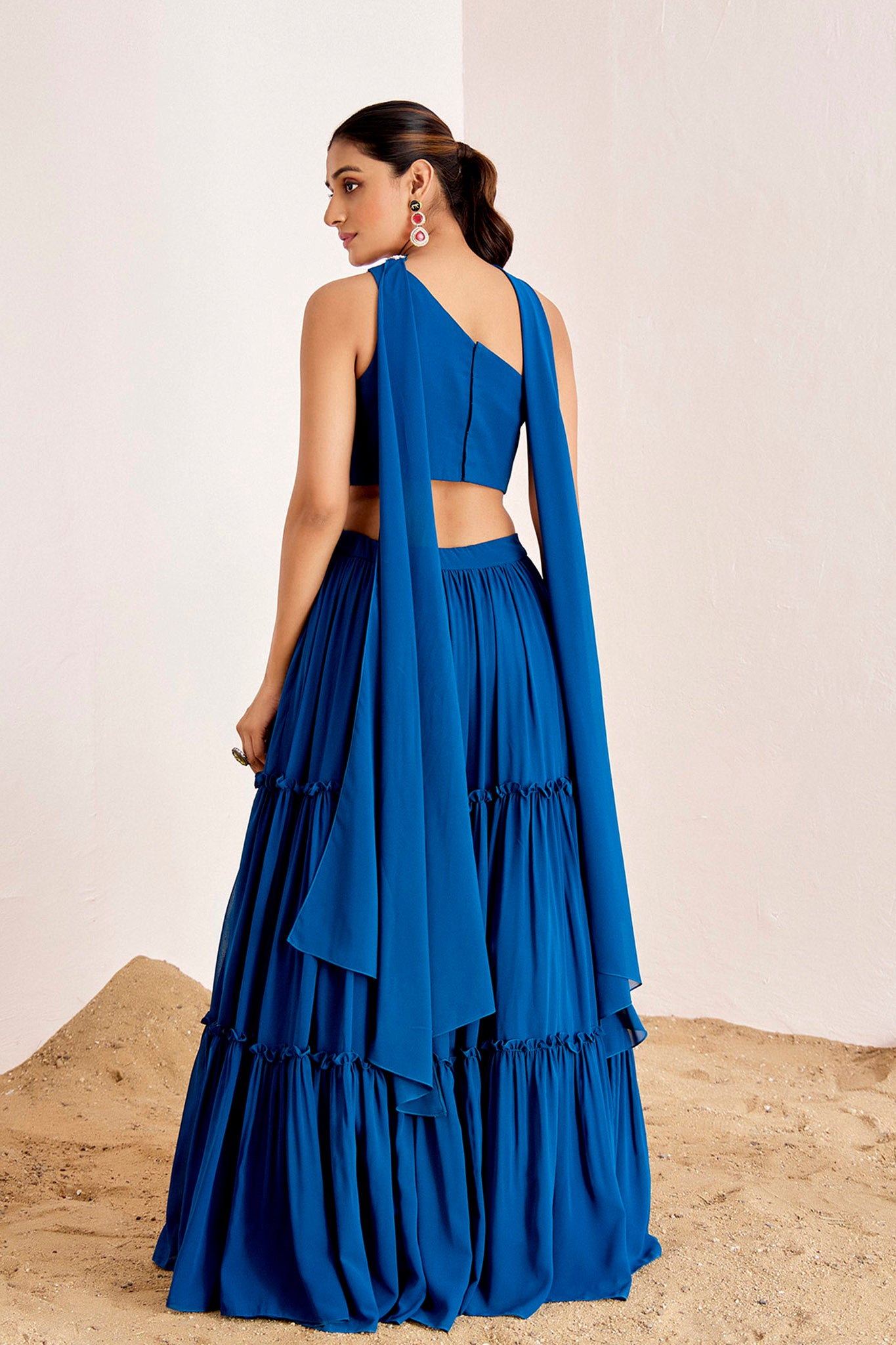 BLUE ONE SHOULDER THREE TIRED LEHENGA SET