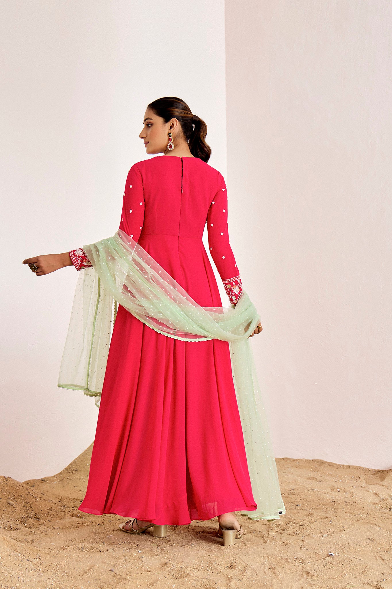 PINK HANDWORK ANARKALI WITH SEA GREEN DUPATTA