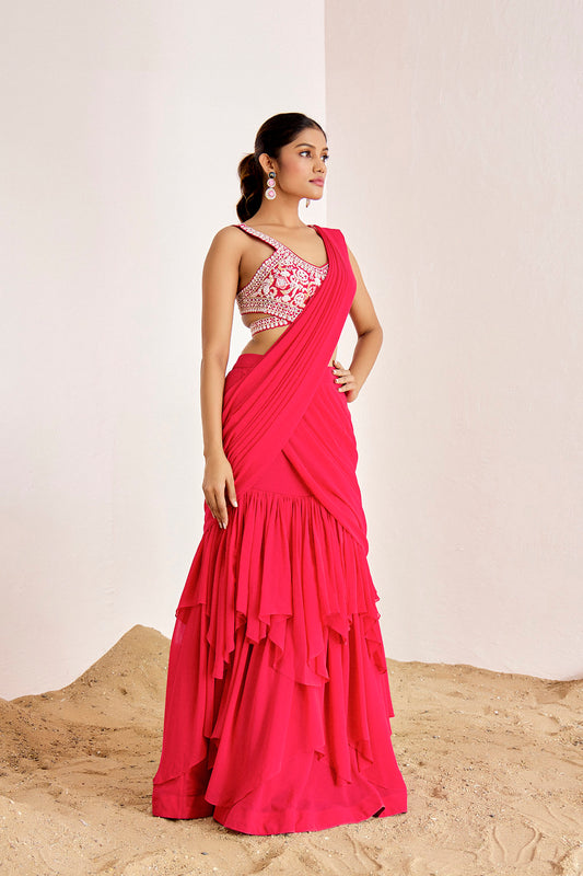 PINK LAYERED PRE DRAPE SAREE