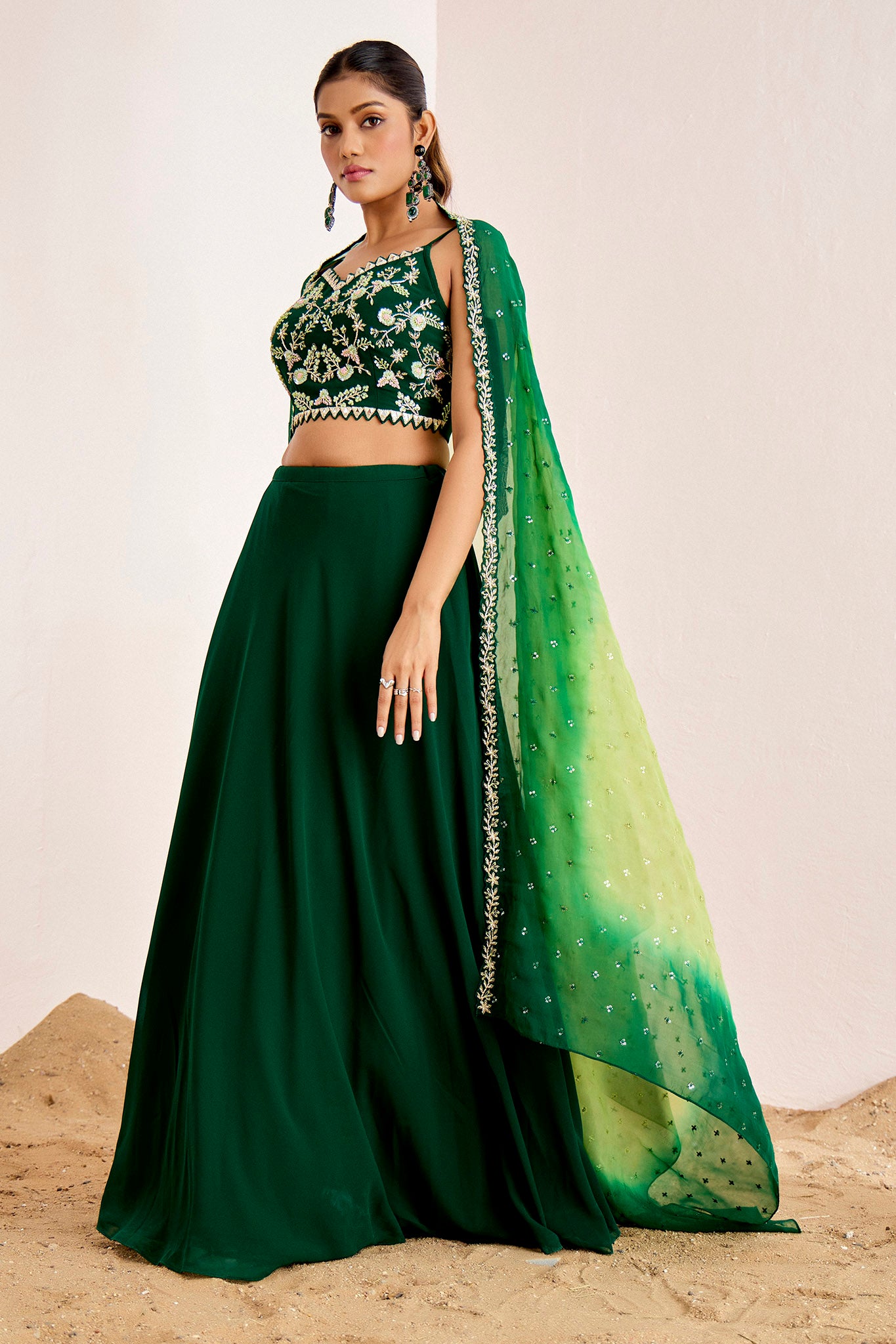 GREEN DUPATTA OMBRE LEHENGA SET