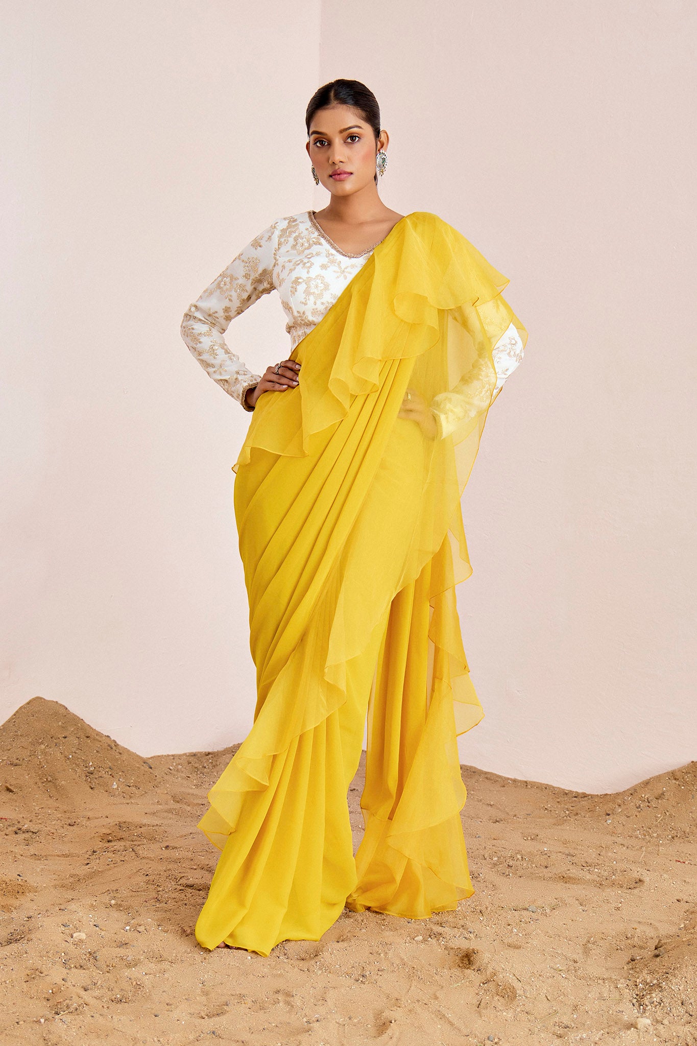 YELLOW PRE DRAPE SAREE WITH WHITE BLOUSE