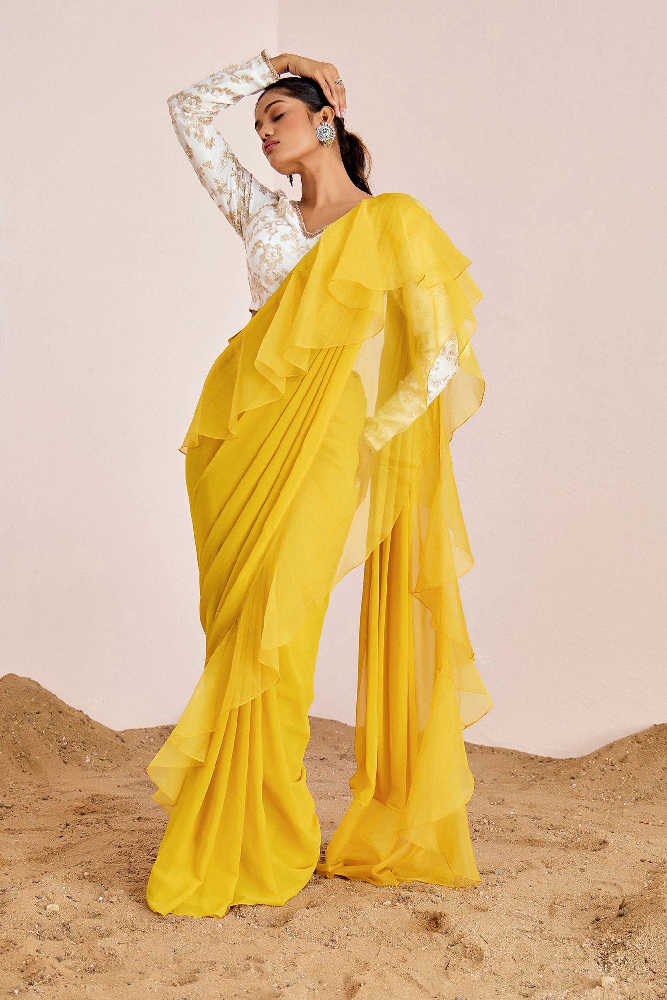 YELLOW PRE DRAPE SAREE WITH WHITE BLOUSE