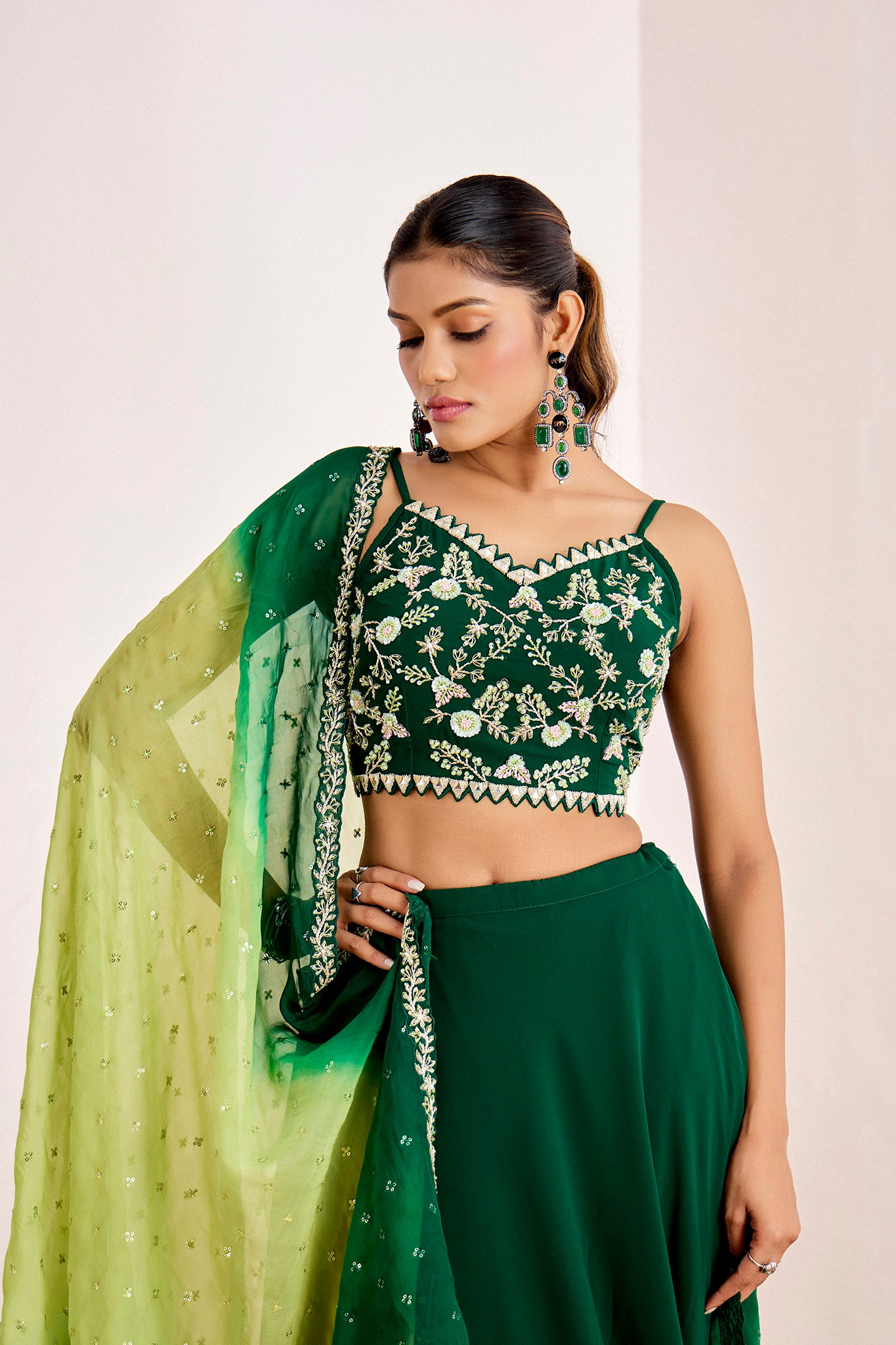 GREEN DUPATTA OMBRE LEHENGA SET