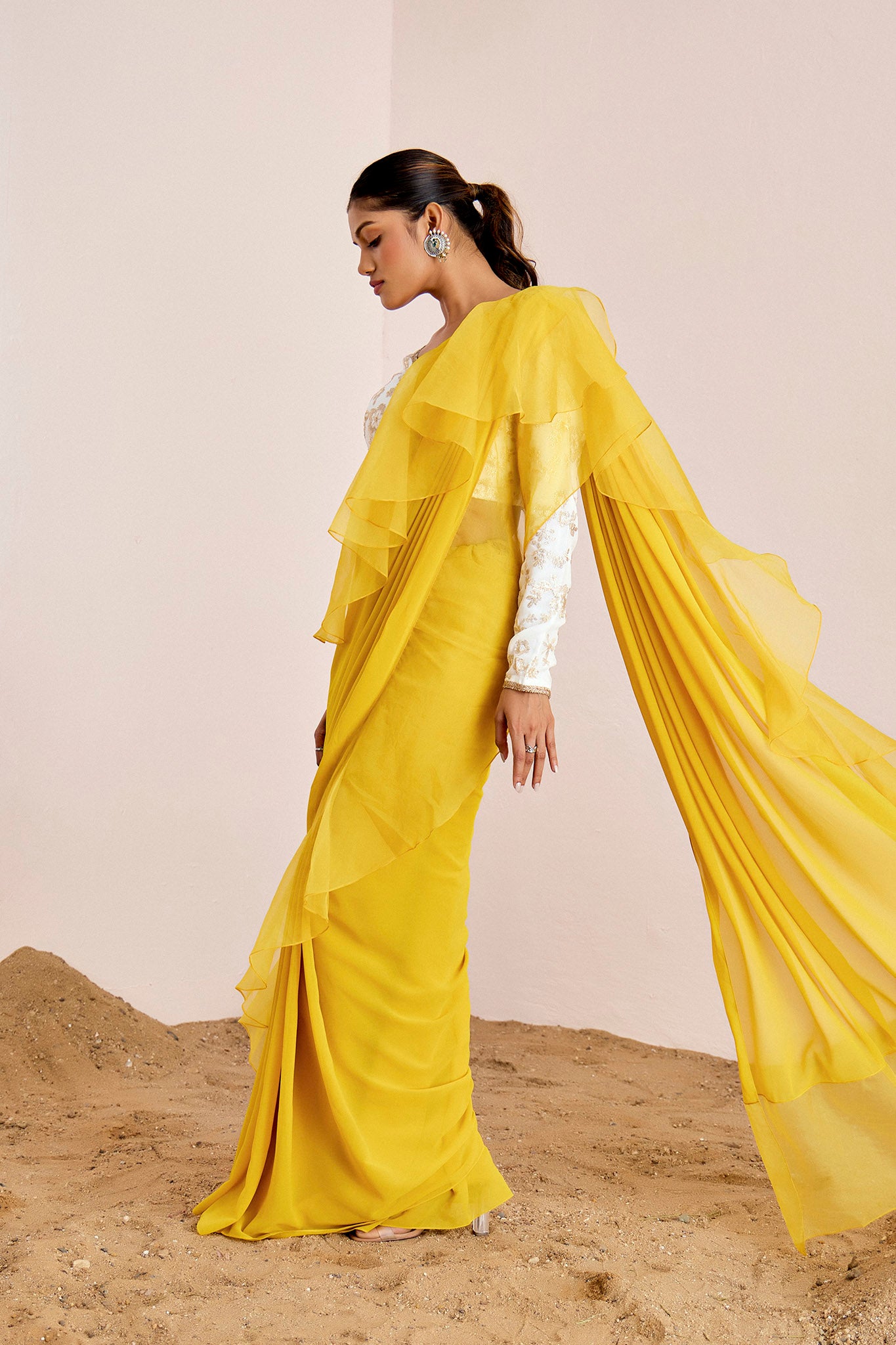 YELLOW PRE DRAPE SAREE WITH WHITE BLOUSE