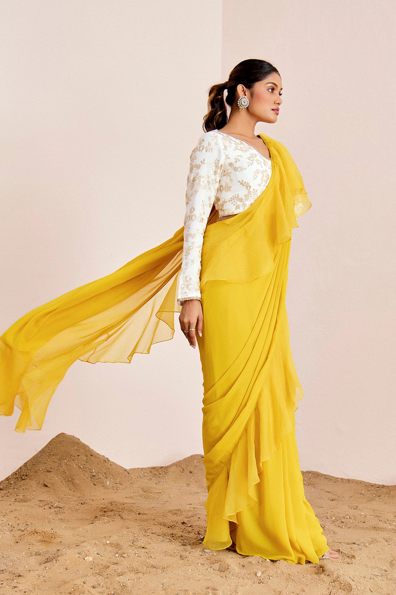 YELLOW PRE DRAPE SAREE WITH WHITE BLOUSE