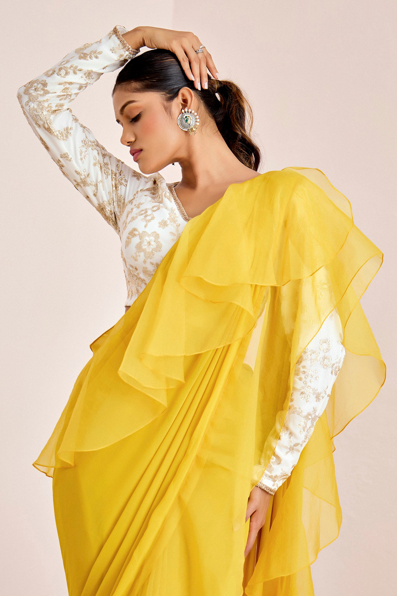 YELLOW PRE DRAPE SAREE WITH WHITE BLOUSE