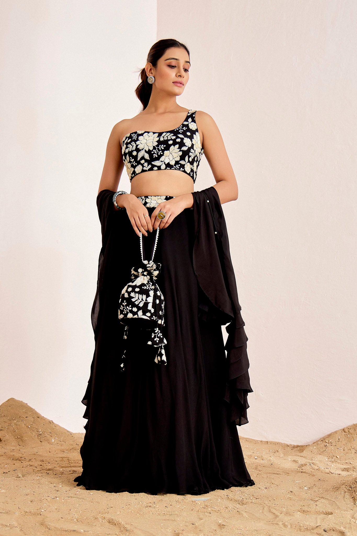 BLACK WHITE ONE SHOULDER LEHENGA SET