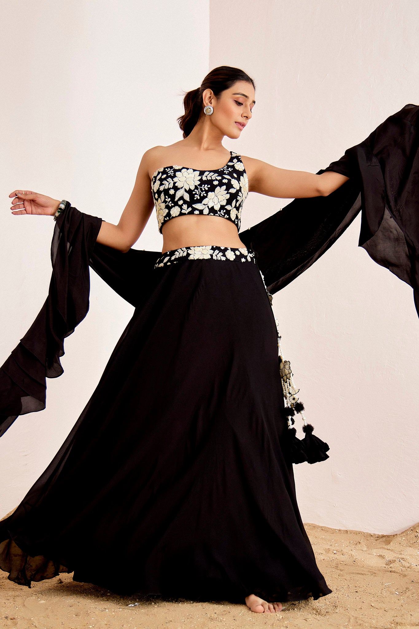 BLACK WHITE ONE SHOULDER LEHENGA SET