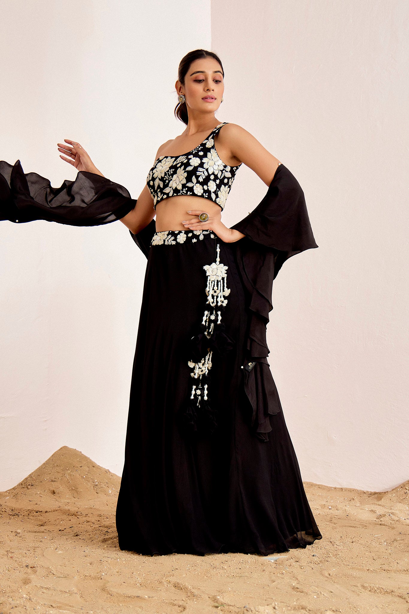 BLACK WHITE ONE SHOULDER LEHENGA SET