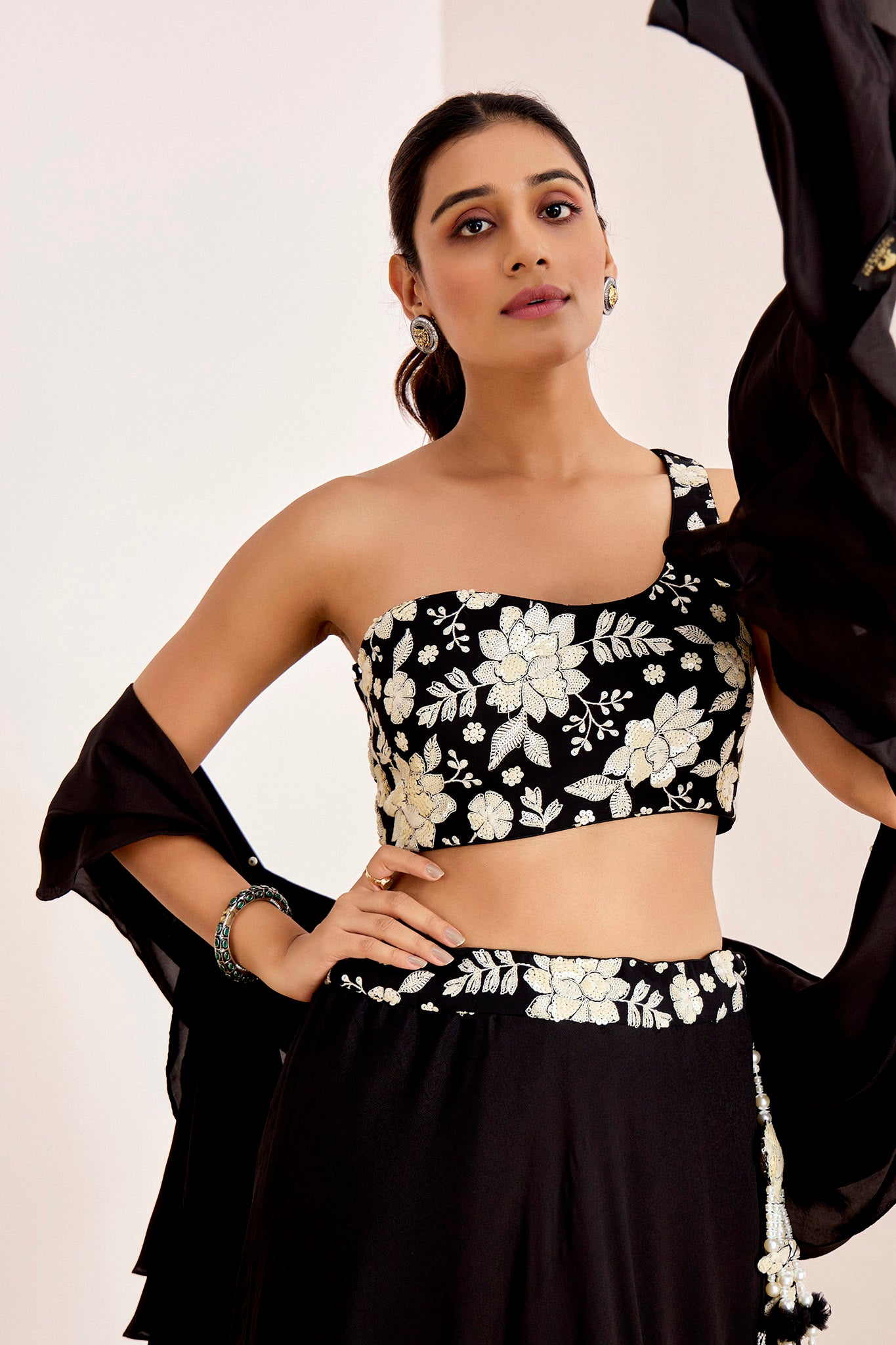 BLACK WHITE ONE SHOULDER LEHENGA SET