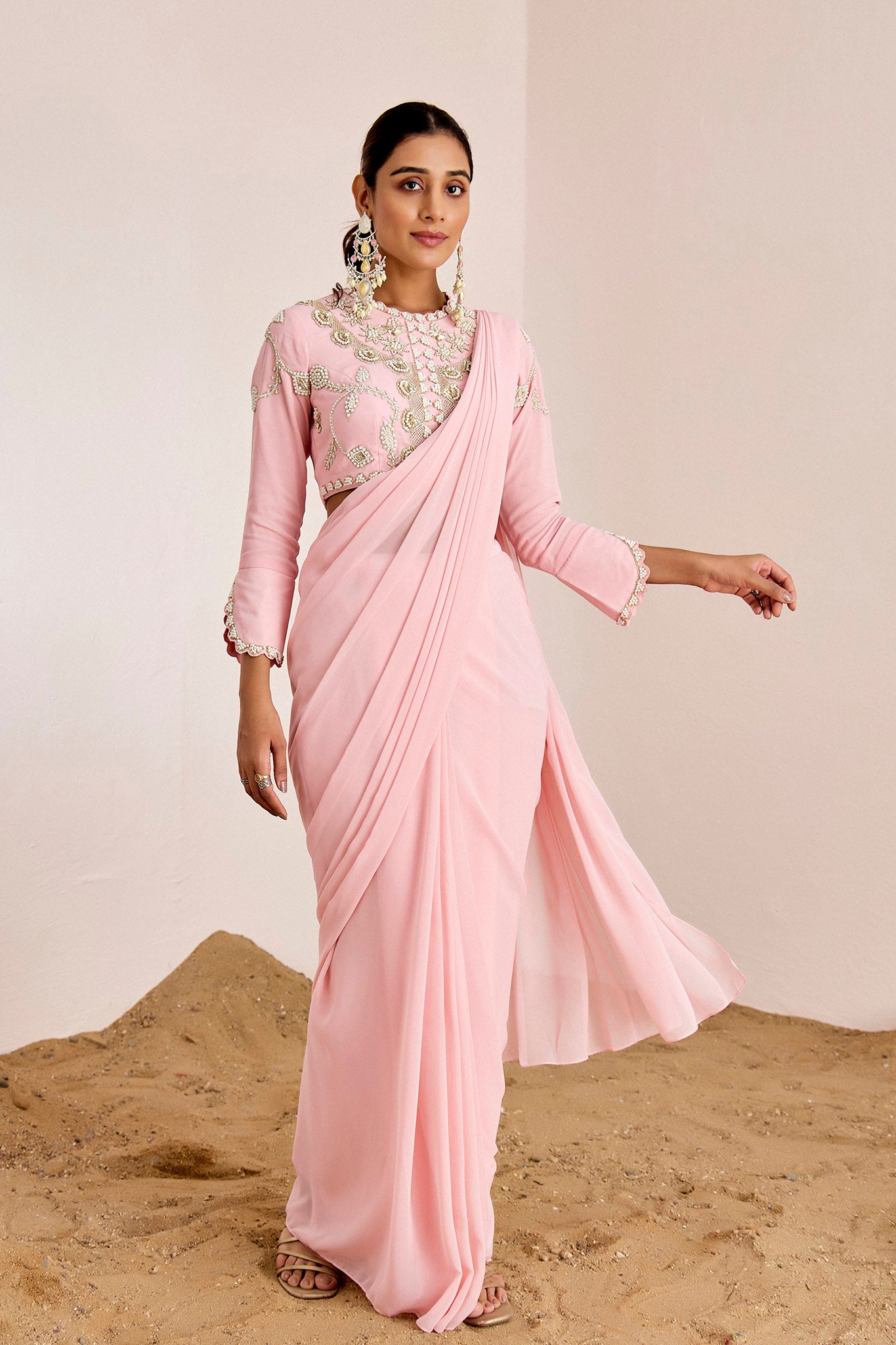 PINK HAND EMBROIDERED PRE DRAPE SAREE