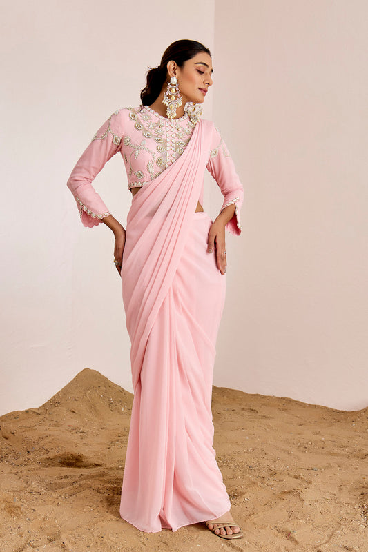 PINK HAND EMBROIDERED PRE DRAPE SAREE