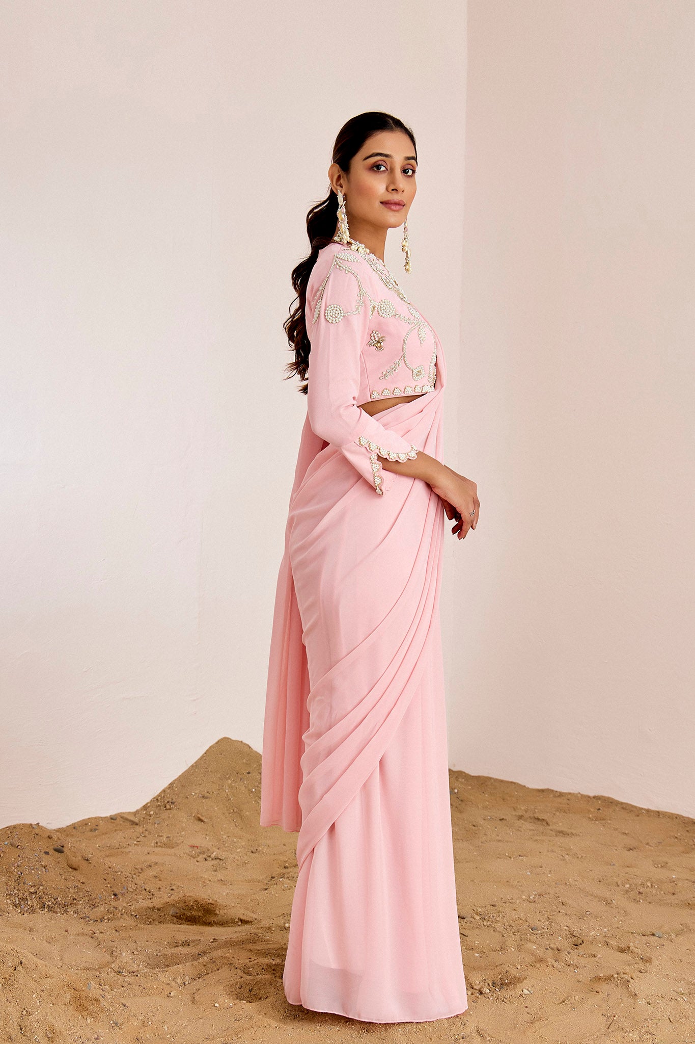 PINK HAND EMBROIDERED PRE DRAPE SAREE