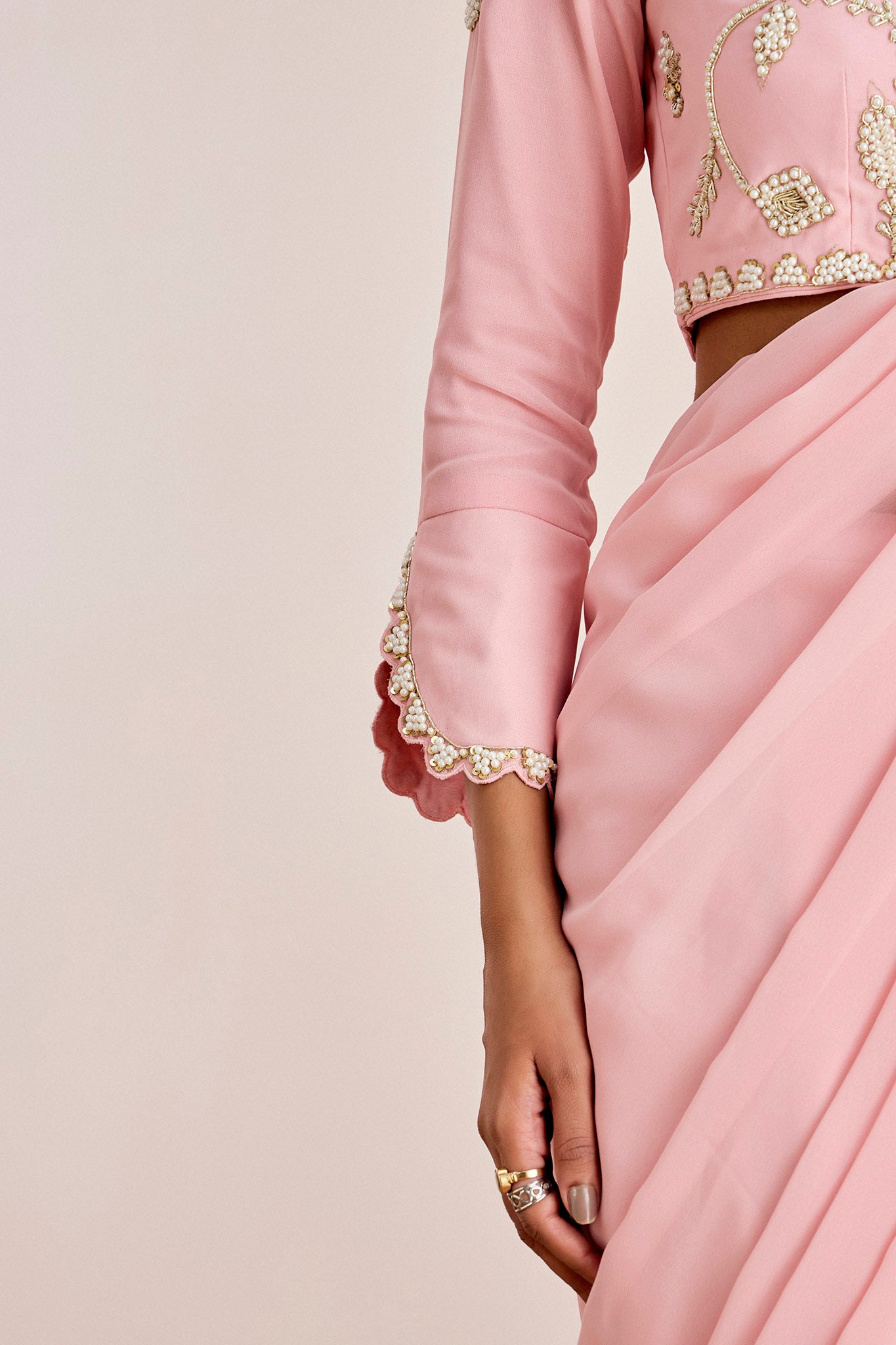 PINK HAND EMBROIDERED PRE DRAPE SAREE