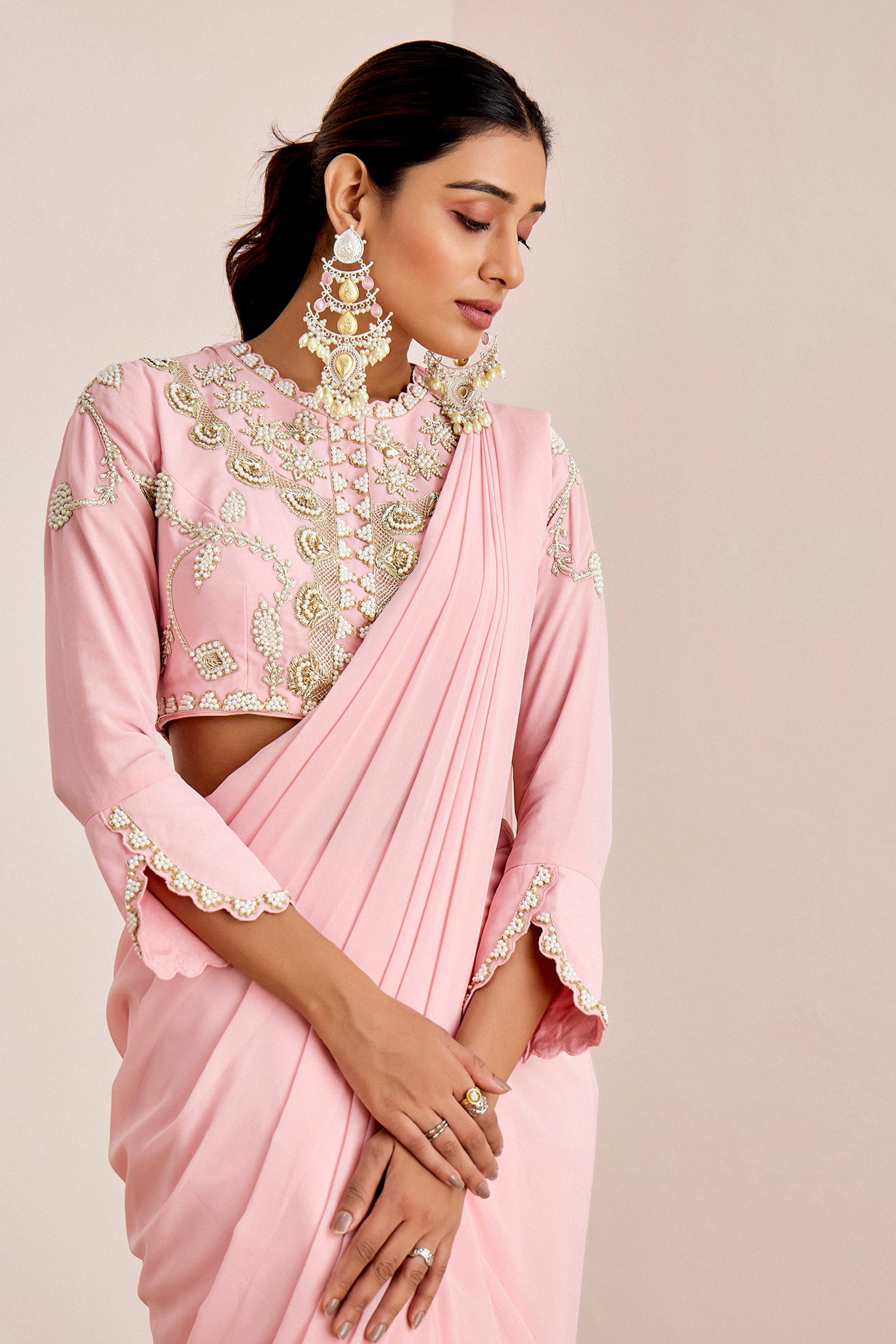 PINK HAND EMBROIDERED PRE DRAPE SAREE