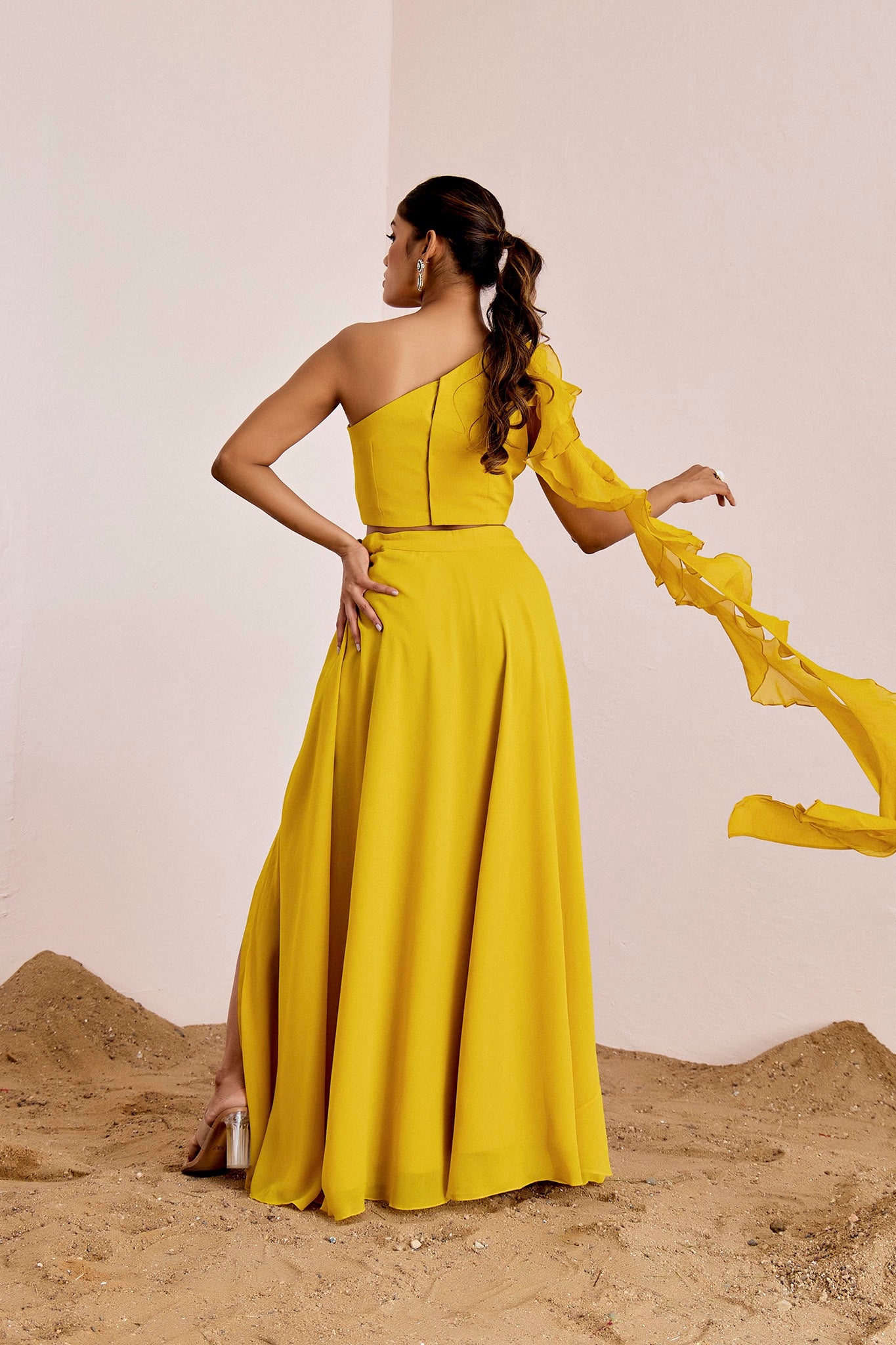 Yellow One shoulder slit skirt set