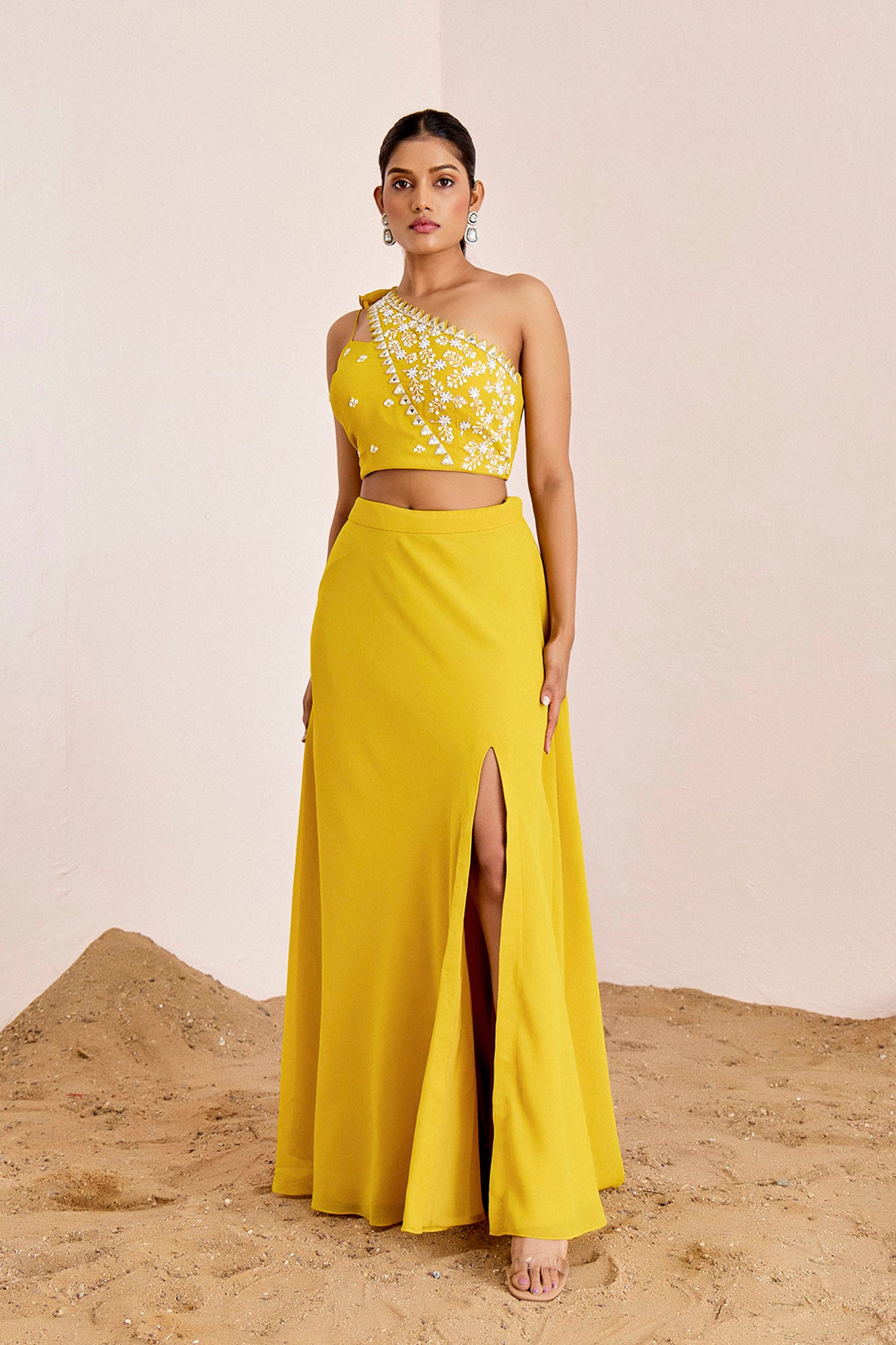 Yellow One shoulder slit skirt set