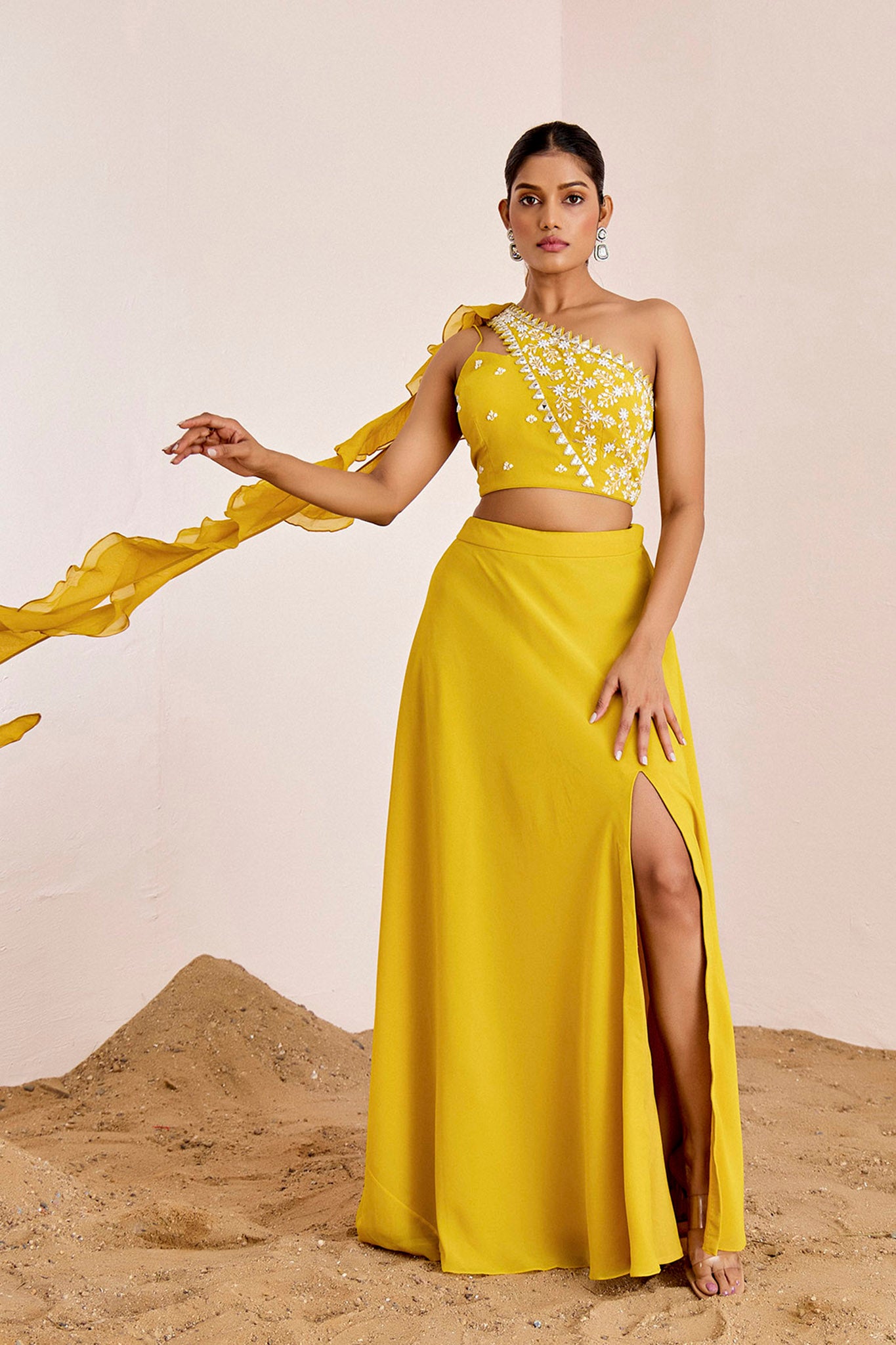 Yellow One shoulder slit skirt set