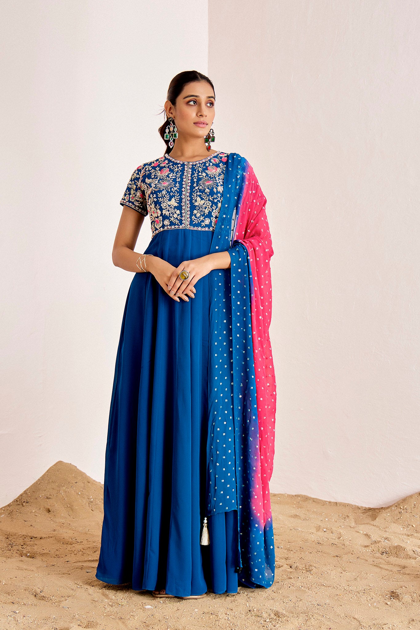 TEAL ANARKALI WITH OMBRE DUPATTA