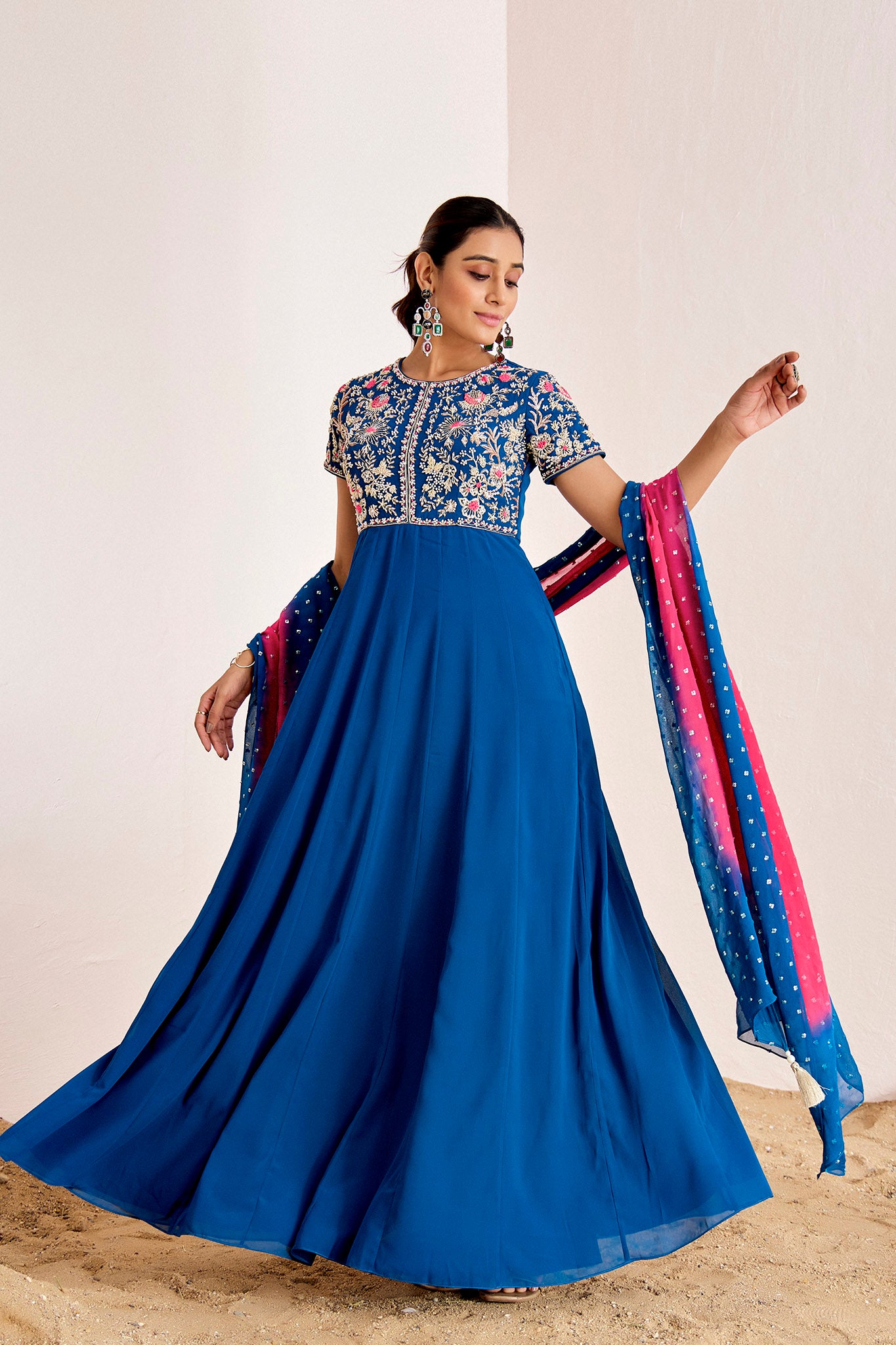 TEAL ANARKALI WITH OMBRE DUPATTA