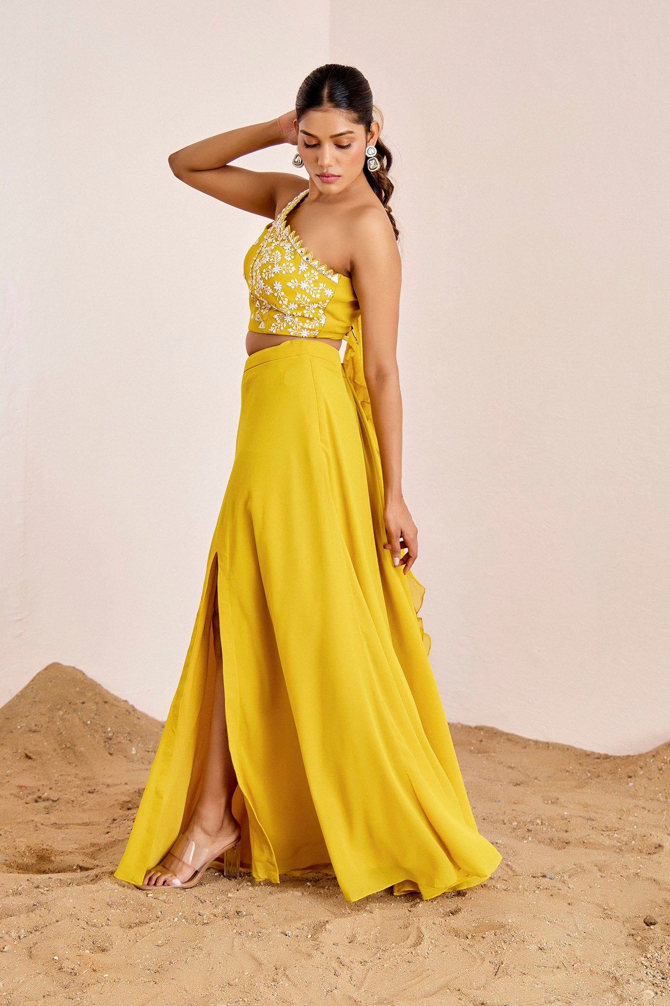 Yellow One shoulder slit skirt set