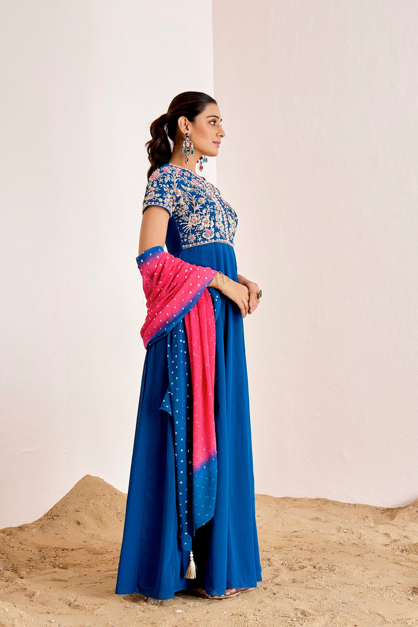 TEAL ANARKALI WITH OMBRE DUPATTA