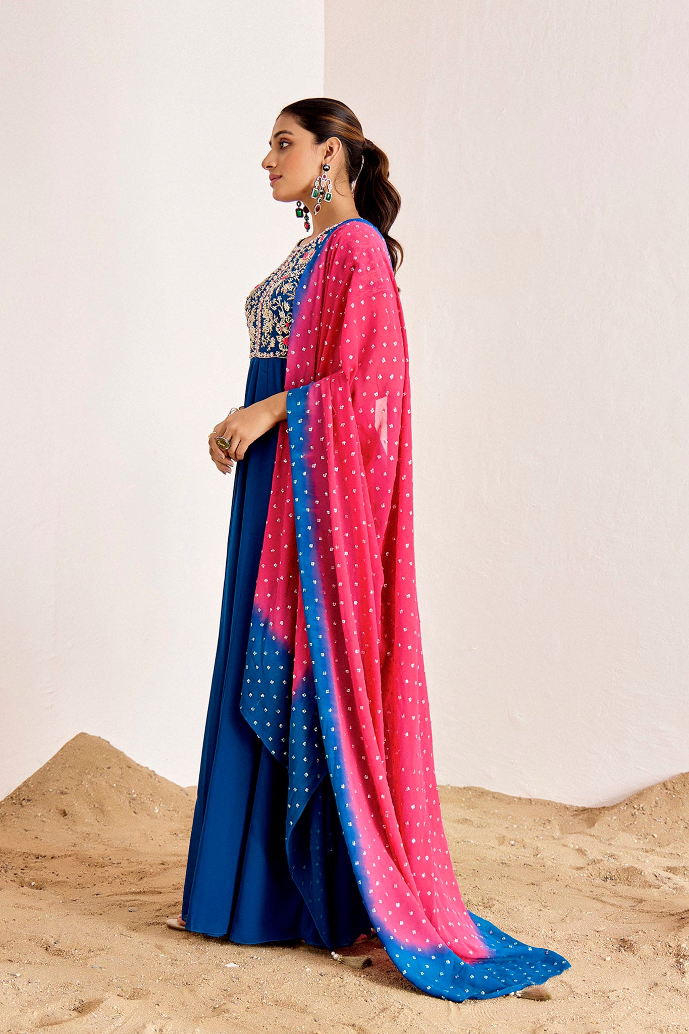 TEAL ANARKALI WITH OMBRE DUPATTA