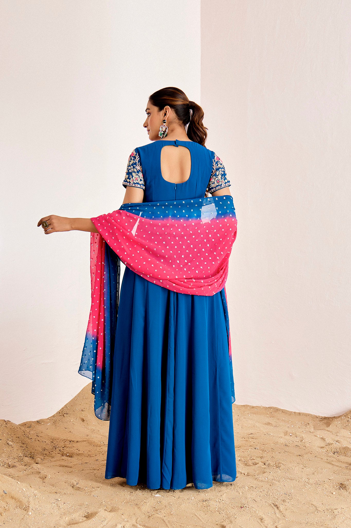 TEAL ANARKALI WITH OMBRE DUPATTA