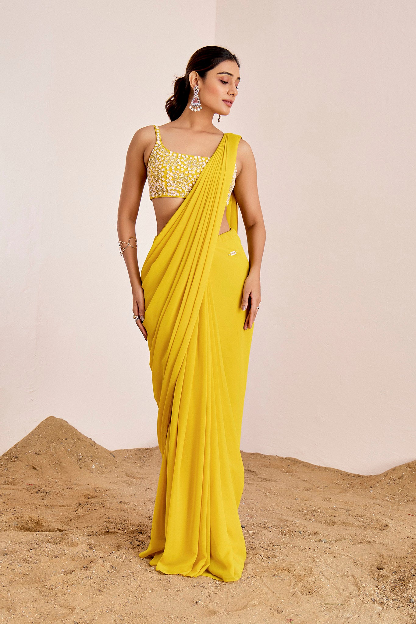 YELLOW PRE DRAPE SAREE