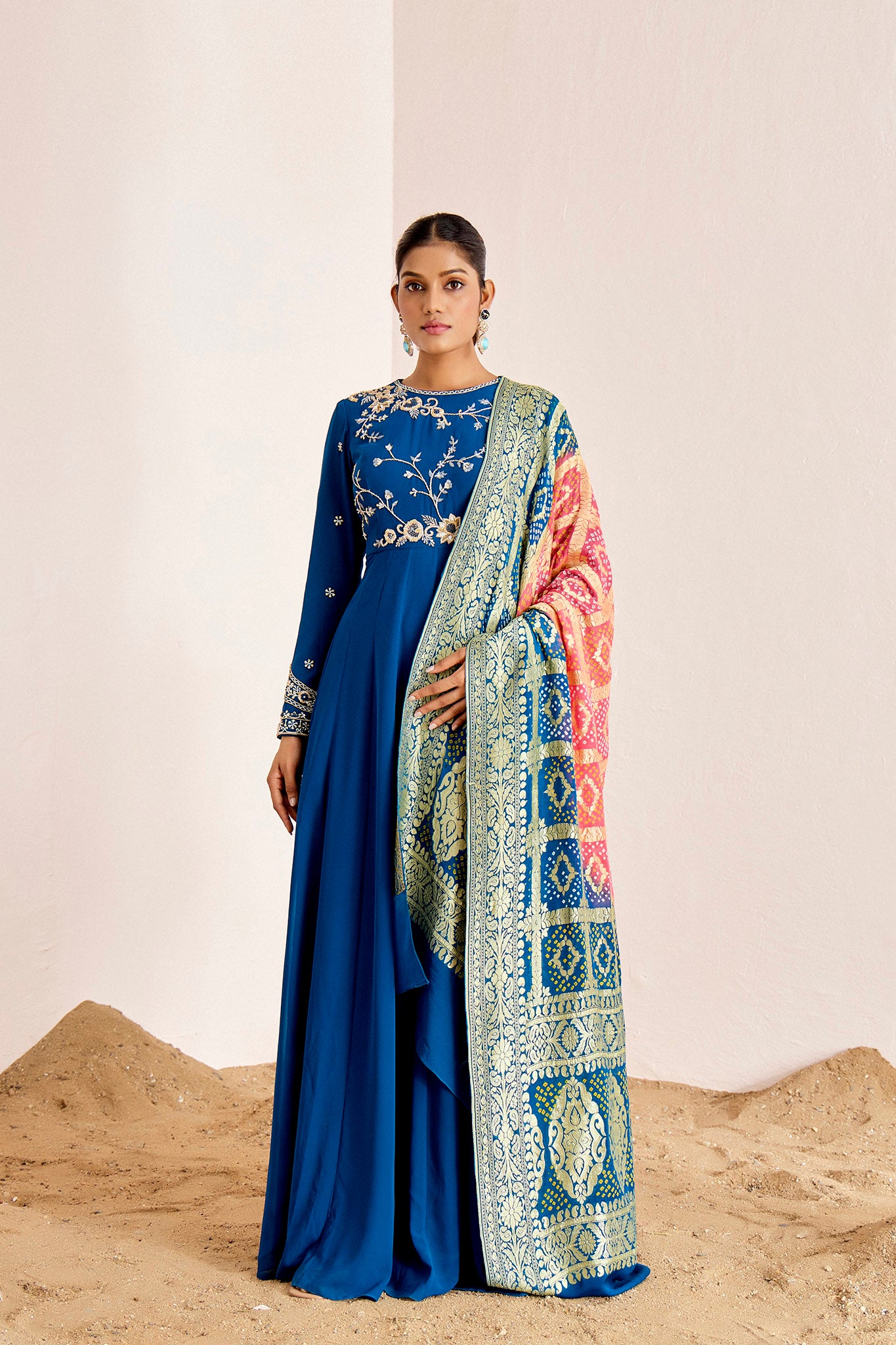 TEAL ANARKALI WITH BANDHANI BANARASEE DUPATTA