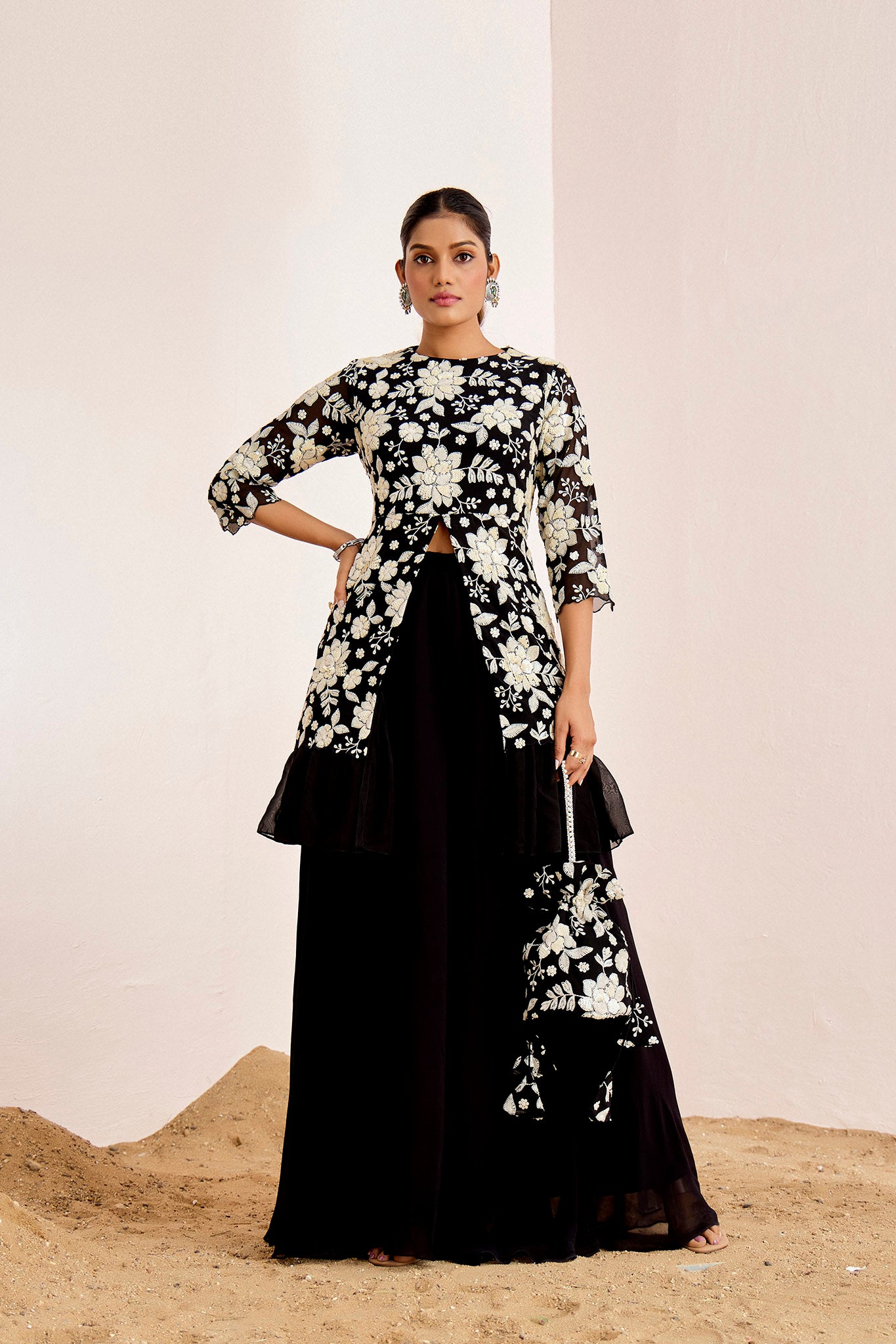 BLACK FLORAL EMBROIDERED PEPLUM SET