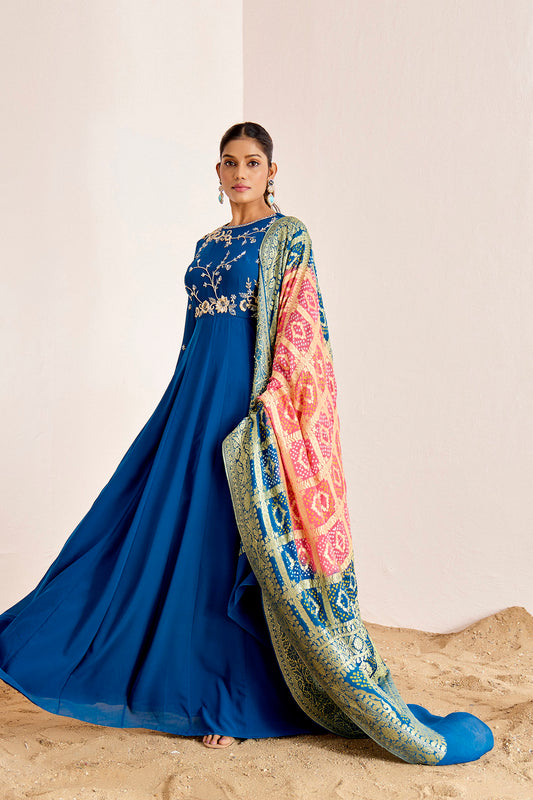 TEAL ANARKALI WITH BANDHANI BANARASEE DUPATTA