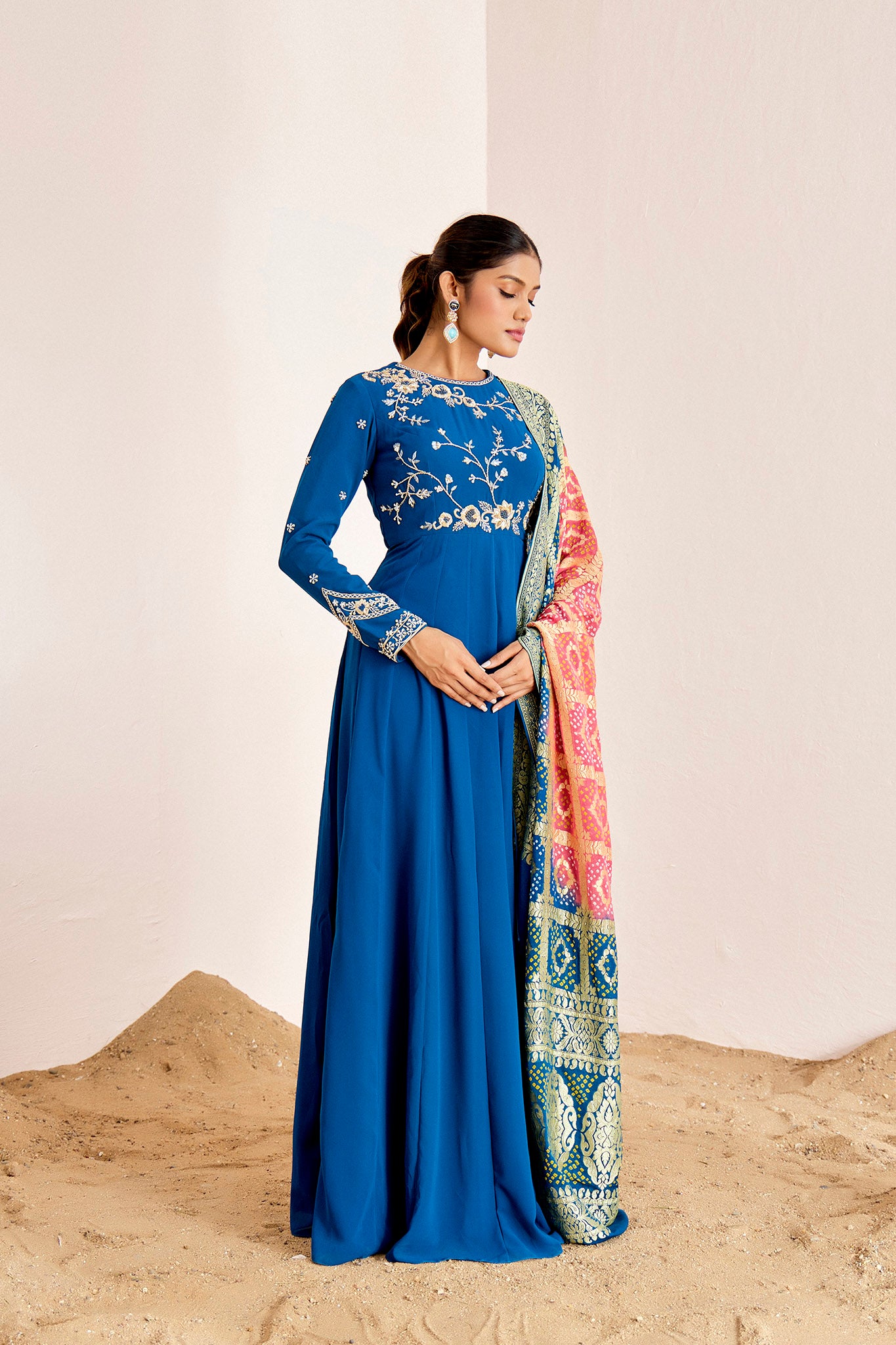 TEAL ANARKALI WITH BANDHANI BANARASEE DUPATTA