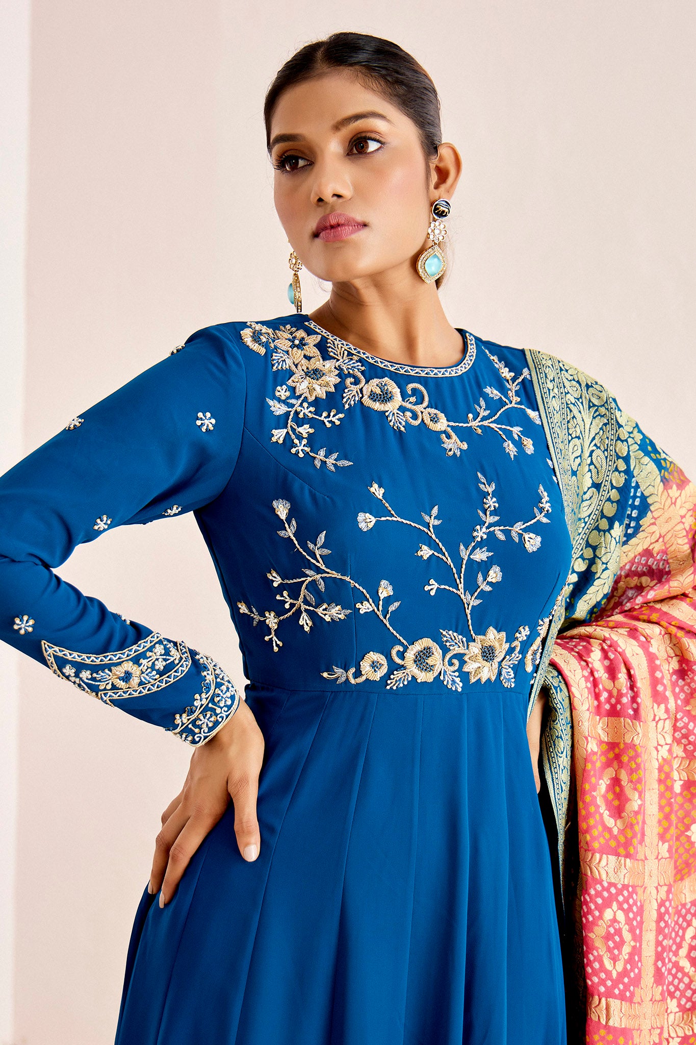 TEAL ANARKALI WITH BANDHANI BANARASEE DUPATTA