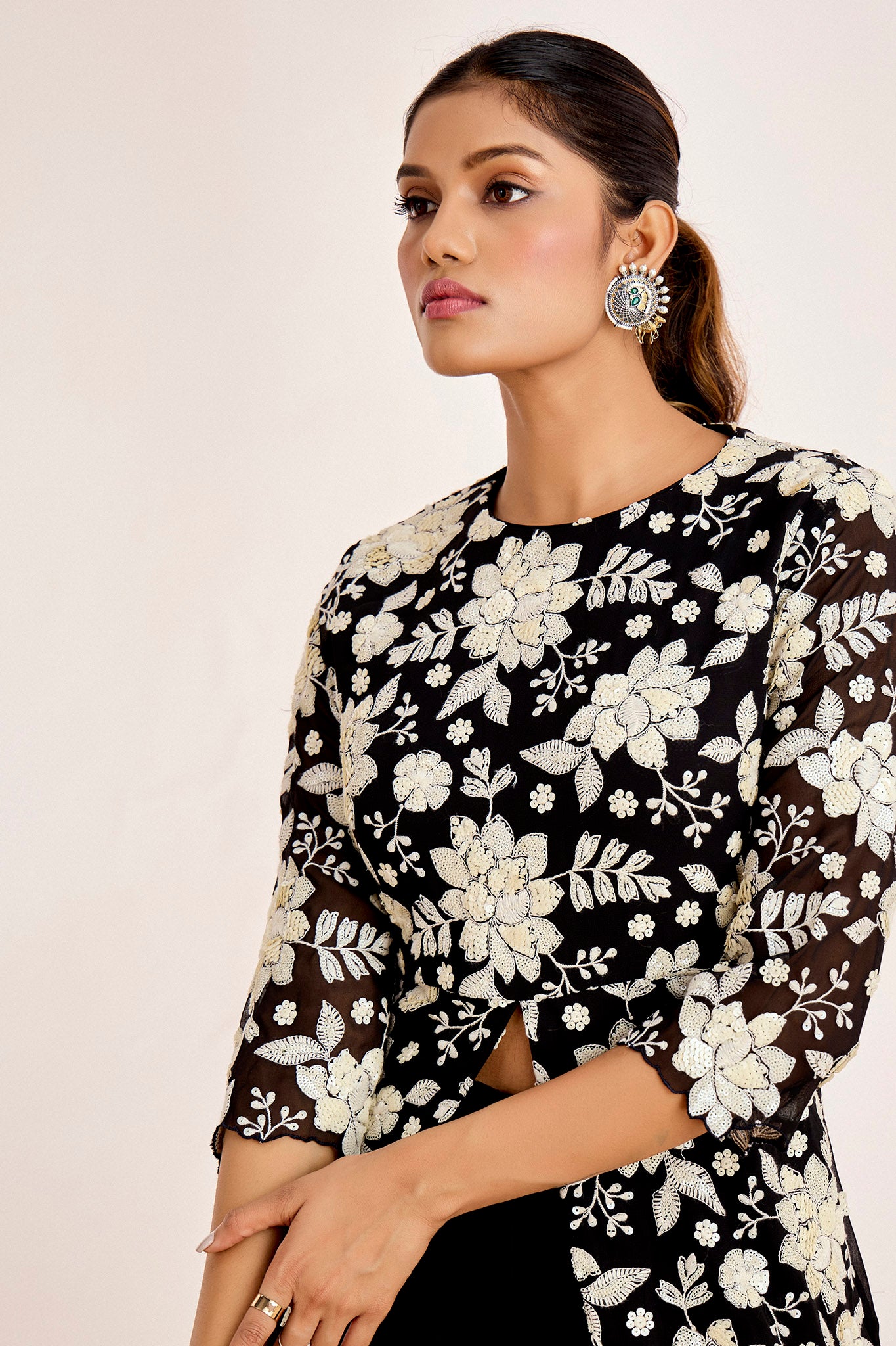 BLACK FLORAL EMBROIDERED PEPLUM SET