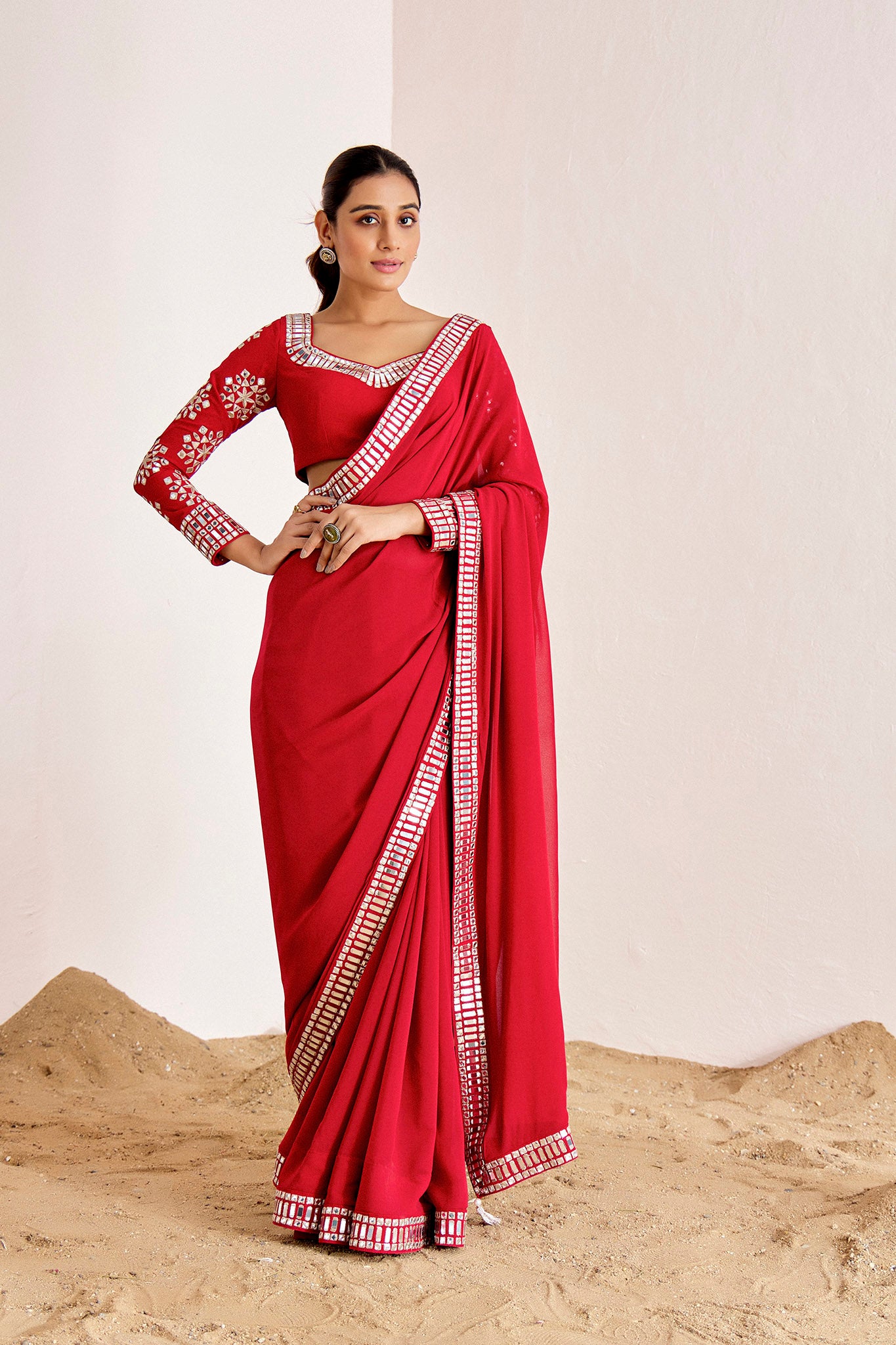 RED MIRROR WORK SAREE