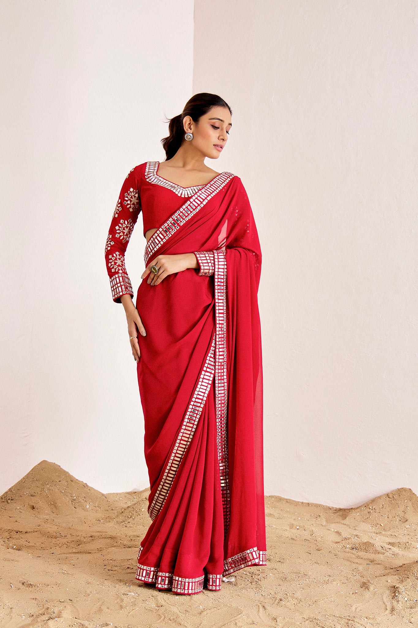 RED MIRROR WORK SAREE