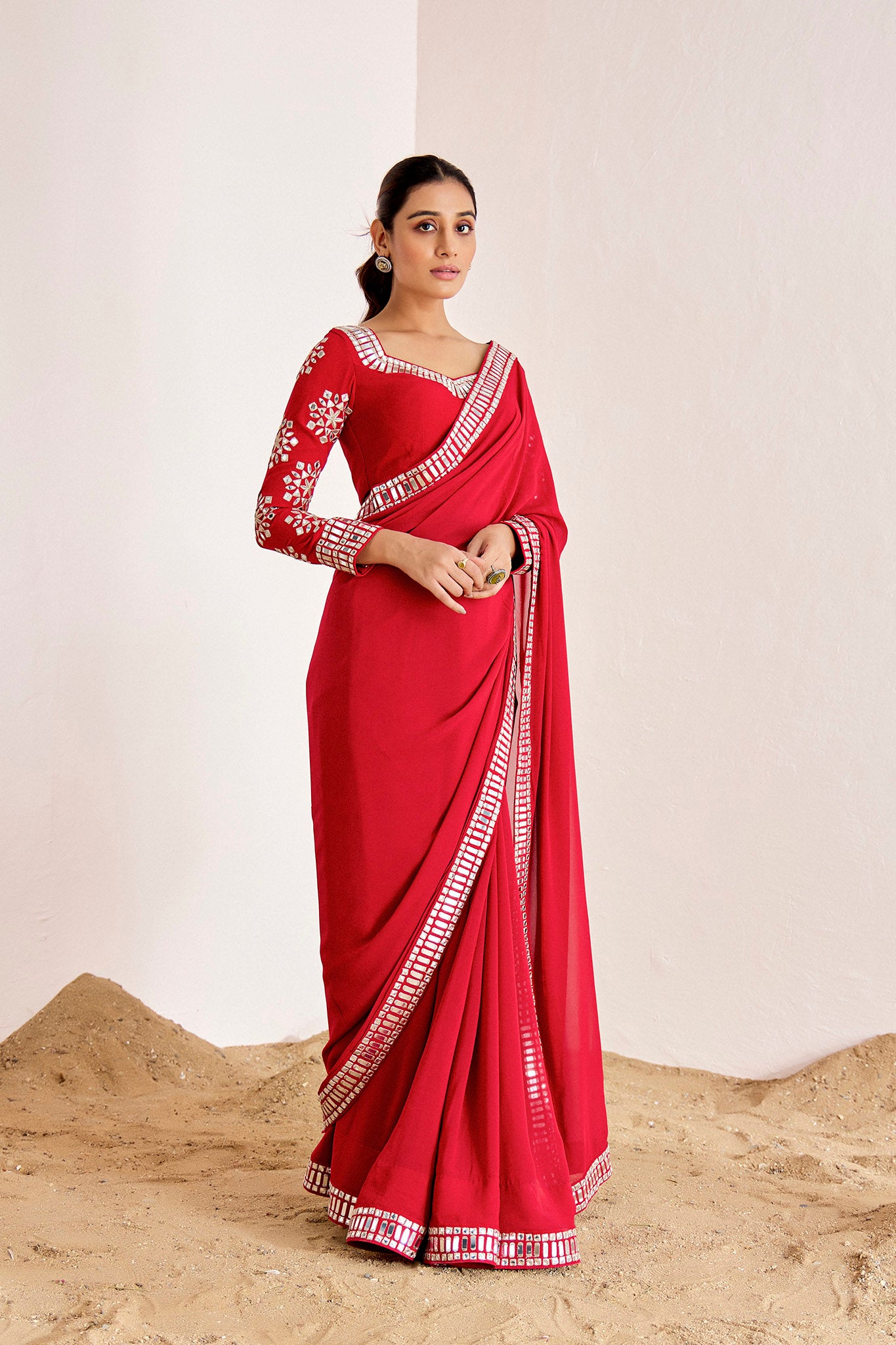 RED MIRROR WORK SAREE