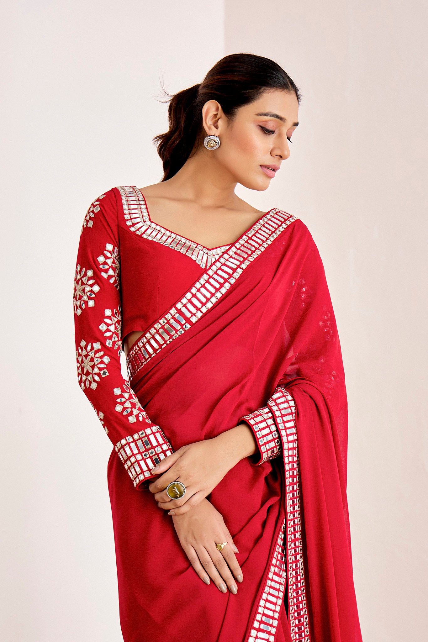 RED MIRROR WORK SAREE