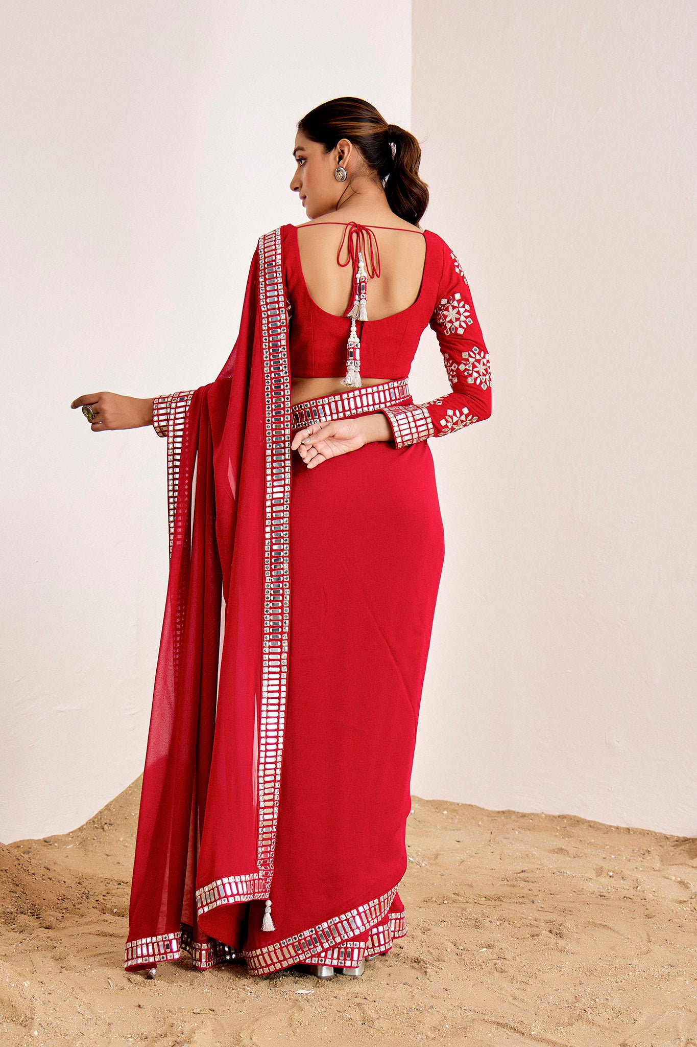 RED MIRROR WORK SAREE