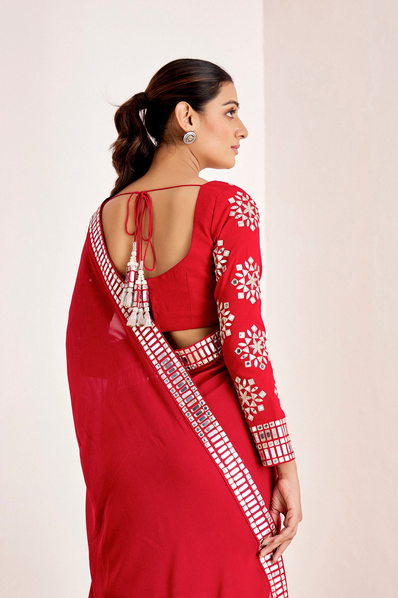 RED MIRROR WORK SAREE