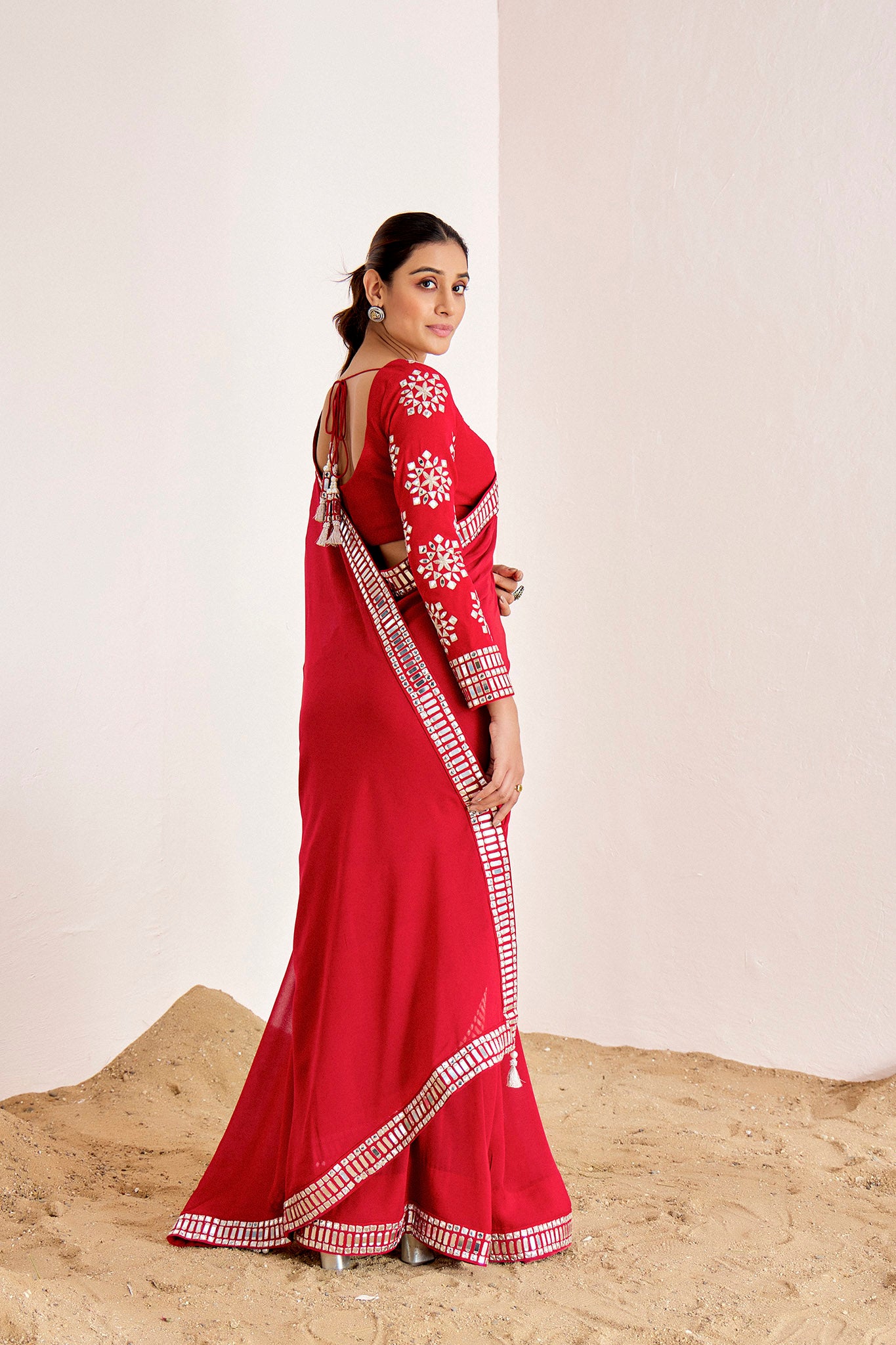 RED MIRROR WORK SAREE