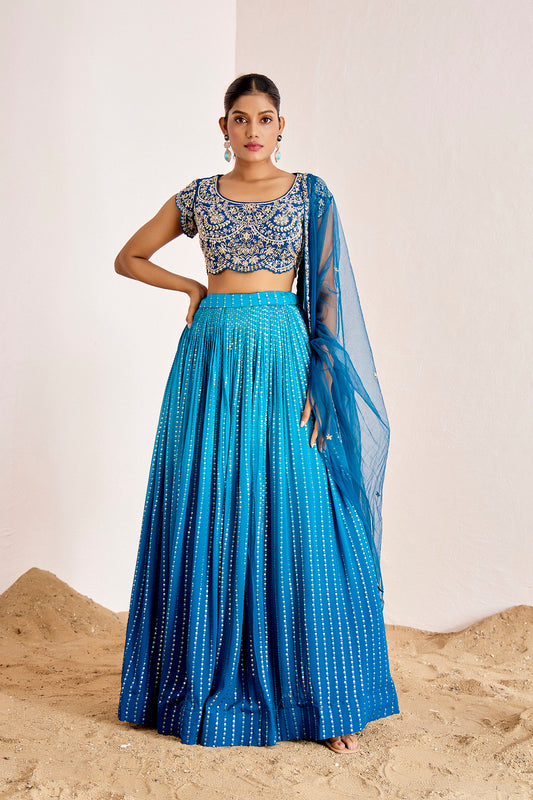 BLUE OMBRE LEHENGA IN HANDWORK