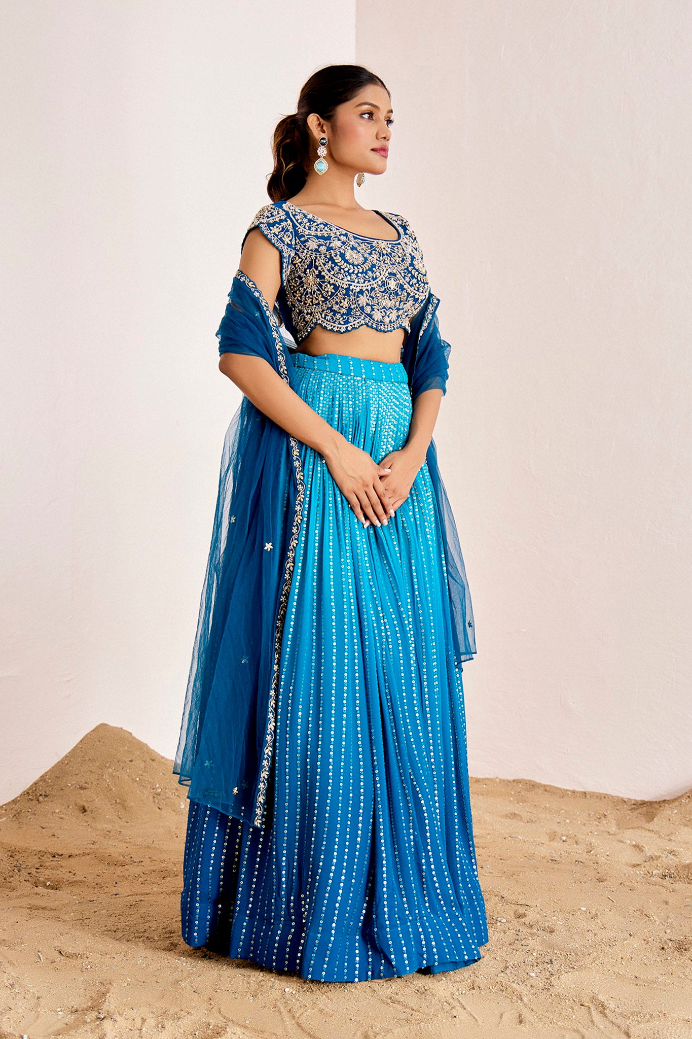 BLUE OMBRE LEHENGA IN HANDWORK